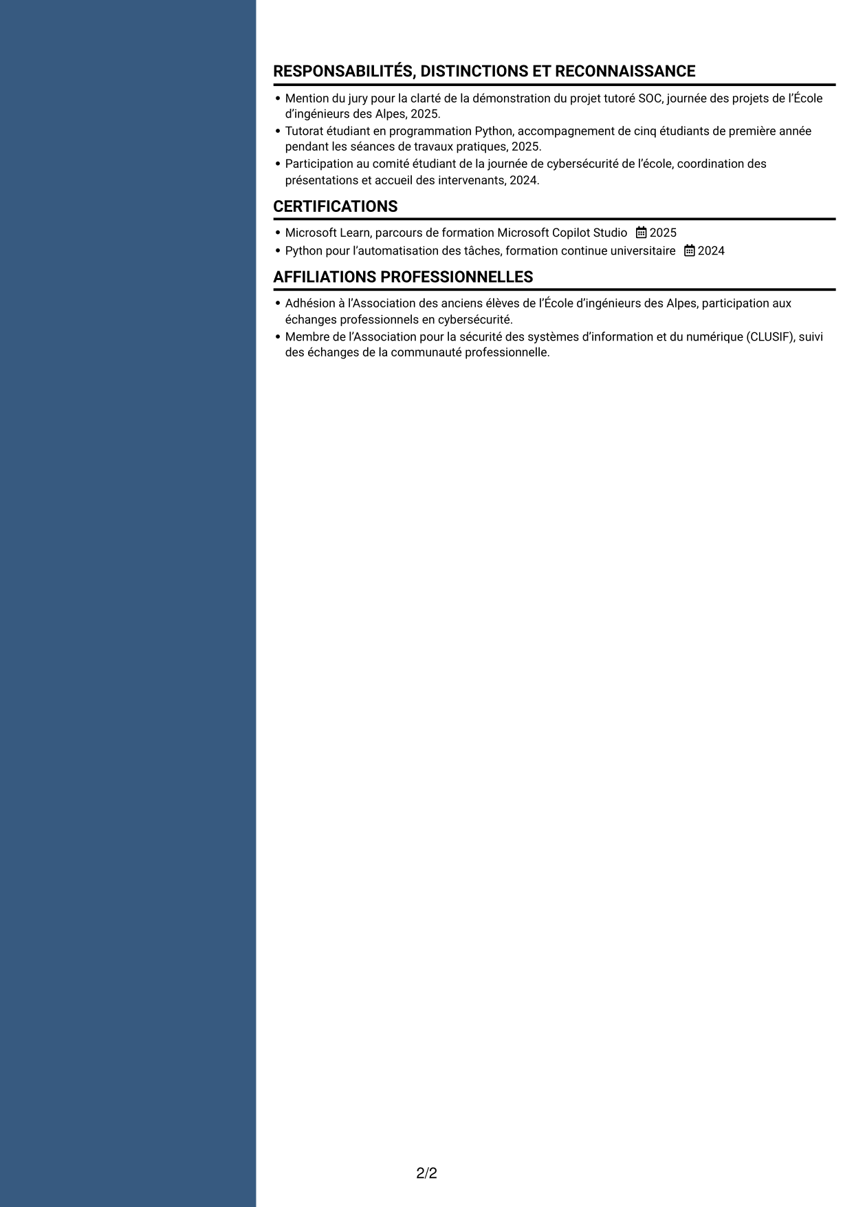 CV Élégant (format à colonne latérale colorée avec photo) : Ingénieur IA générative et cybersécurité opérationnelle, page 2