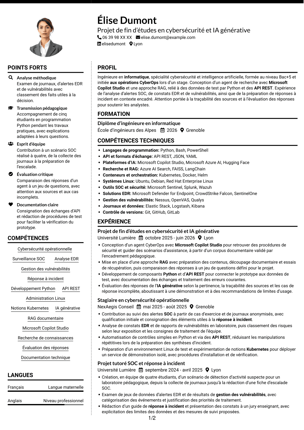 CV Moderne (format à deux colonnes avec photo à gauche et séparateur) : Ingénieur IA générative et cybersécurité opérationnelle, page 1