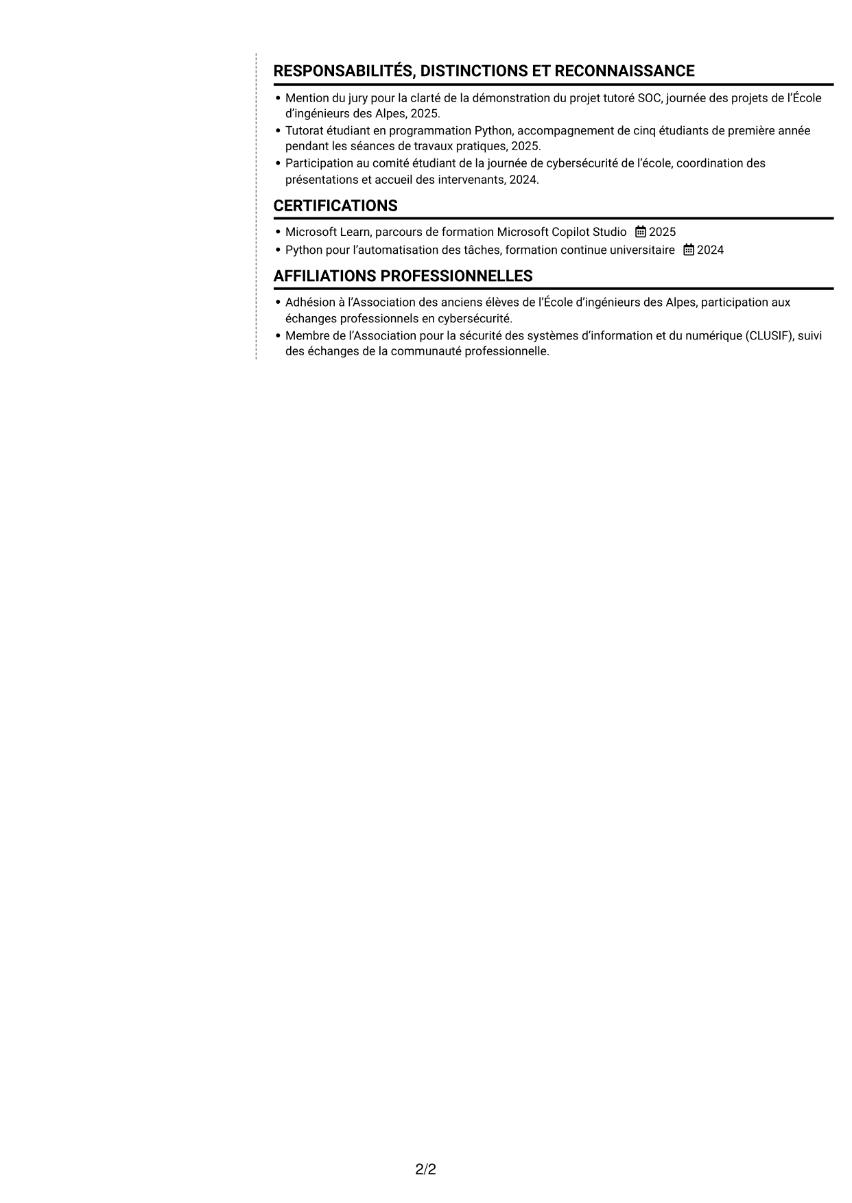 CV Moderne (format à deux colonnes avec photo à gauche et séparateur) : Ingénieur IA générative et cybersécurité opérationnelle, page 2