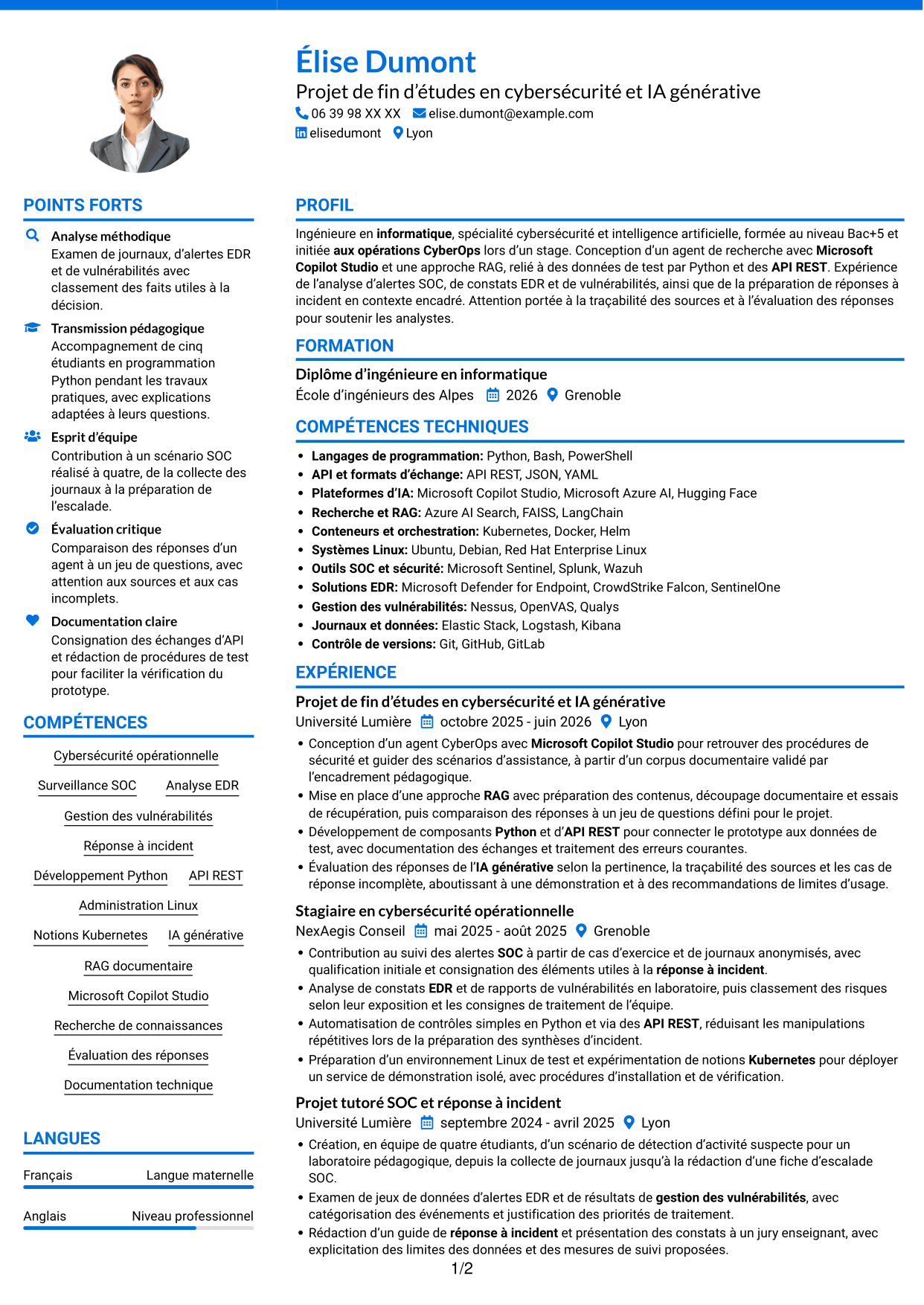 CV Audacieux (format à deux colonnes avec accents colorés et photo) : Ingénieur IA générative et cybersécurité opérationnelle, page 1