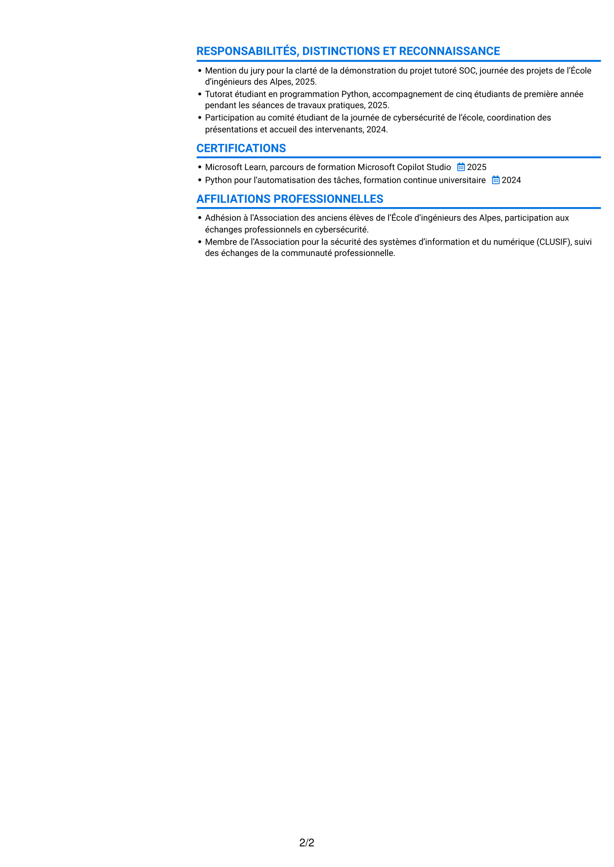 CV Audacieux (format à deux colonnes avec accents colorés et photo) : Ingénieur IA générative et cybersécurité opérationnelle, page 2