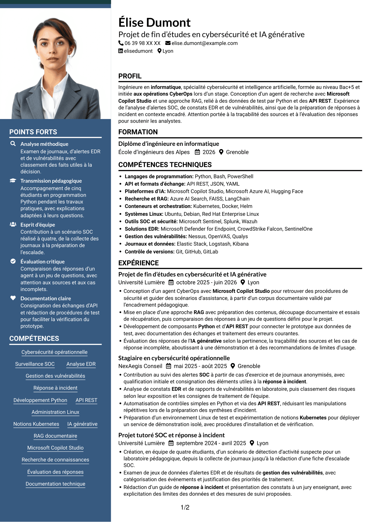 CV Signature (format à colonne latérale colorée avec grande photo) : Ingénieur IA générative et cybersécurité opérationnelle, page 1