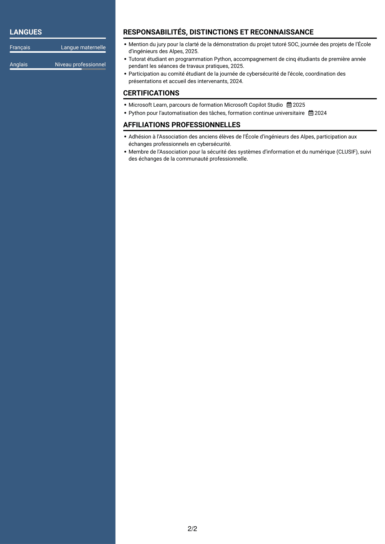 CV Signature (format à colonne latérale colorée avec grande photo) : Ingénieur IA générative et cybersécurité opérationnelle, page 2