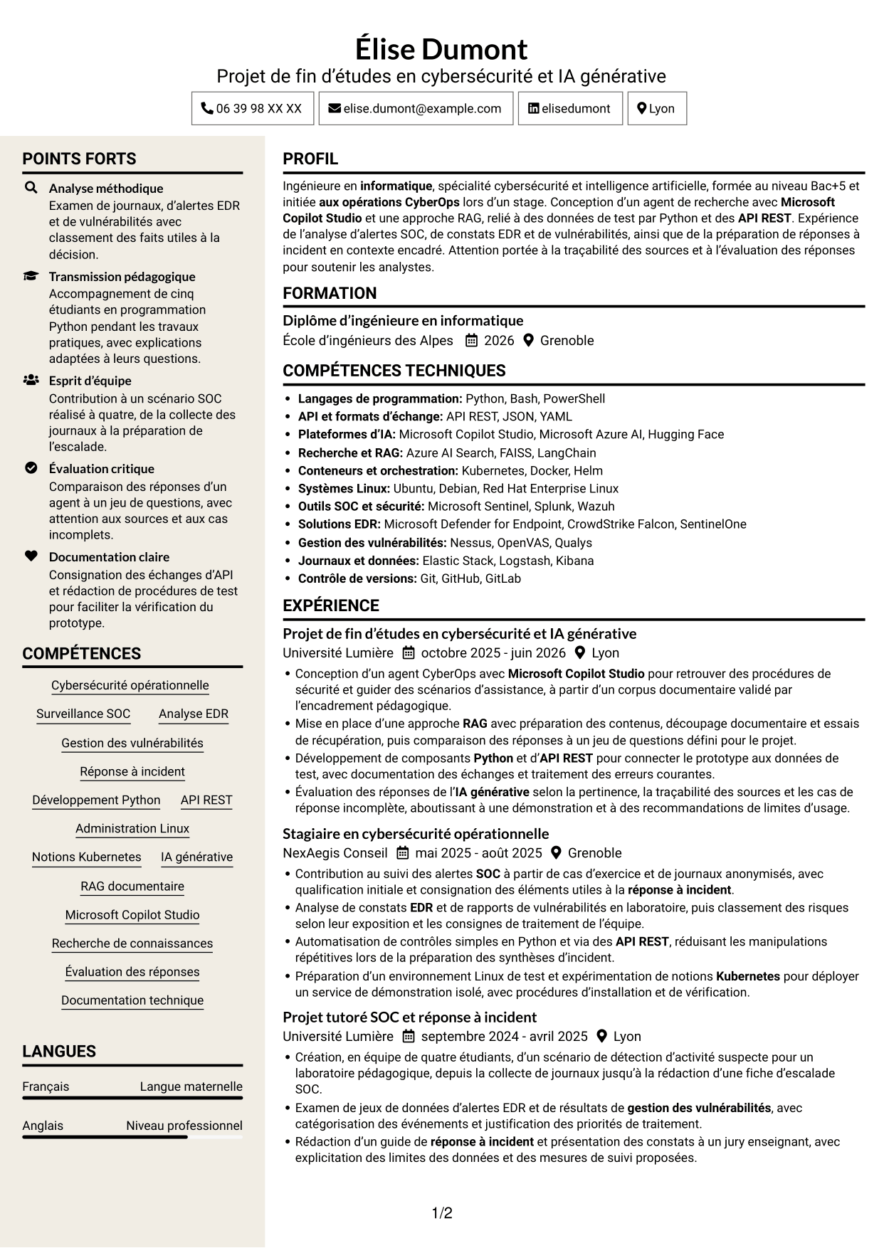CV Fonceur (format à deux colonnes avec en-tête centré sans photo) : Ingénieur IA générative et cybersécurité opérationnelle, page 1