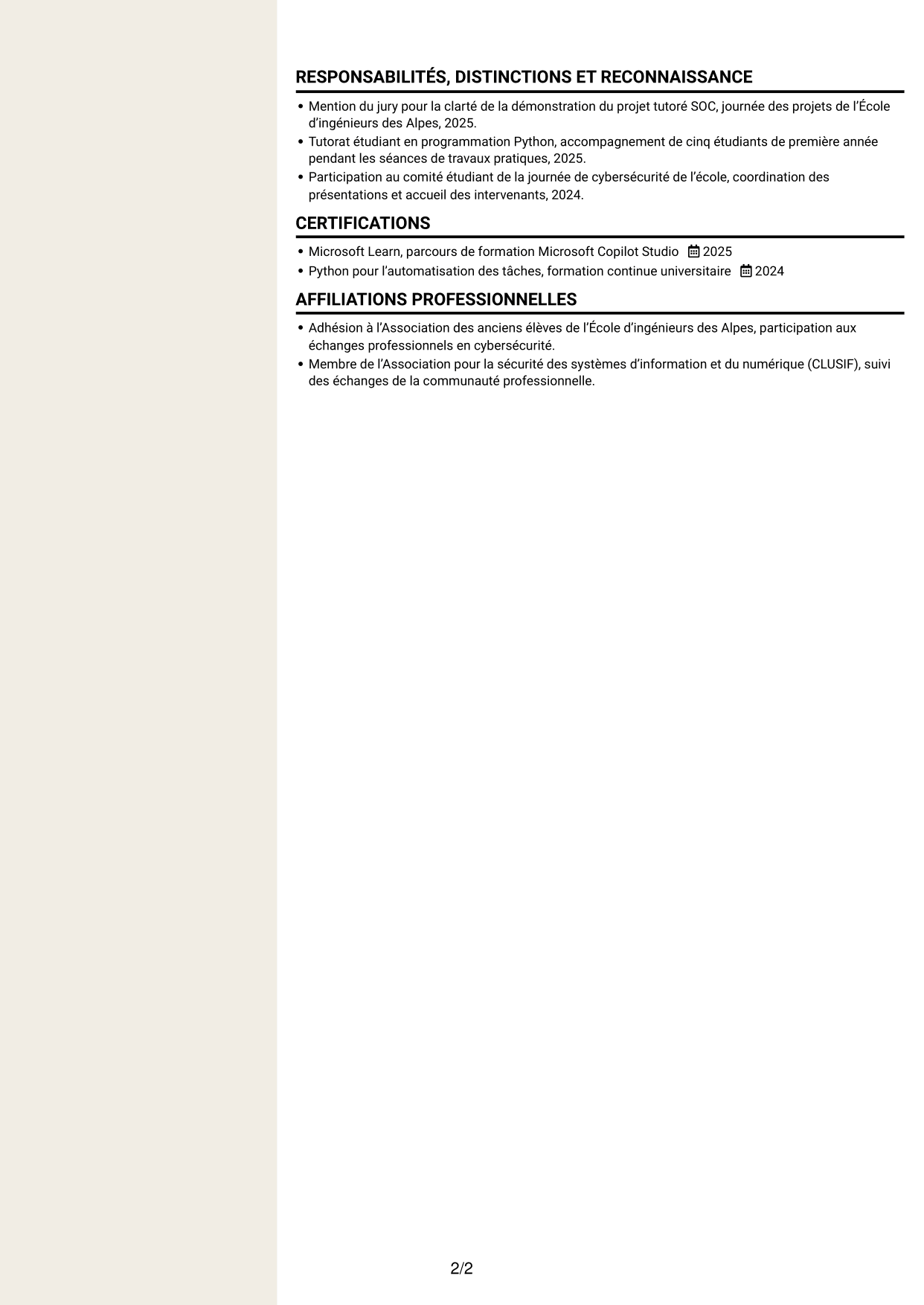CV Fonceur (format à deux colonnes avec en-tête centré sans photo) : Ingénieur IA générative et cybersécurité opérationnelle, page 2