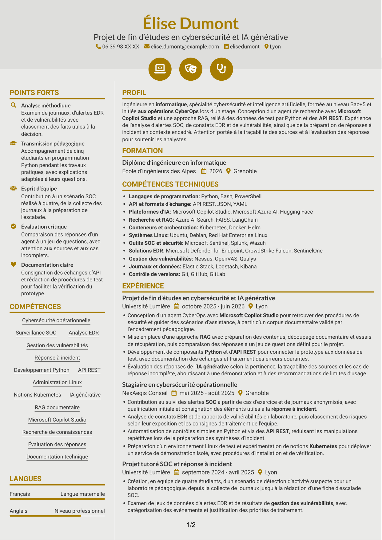 CV Dynamique (format à deux colonnes avec icônes) : Ingénieur IA générative et cybersécurité opérationnelle, page 1