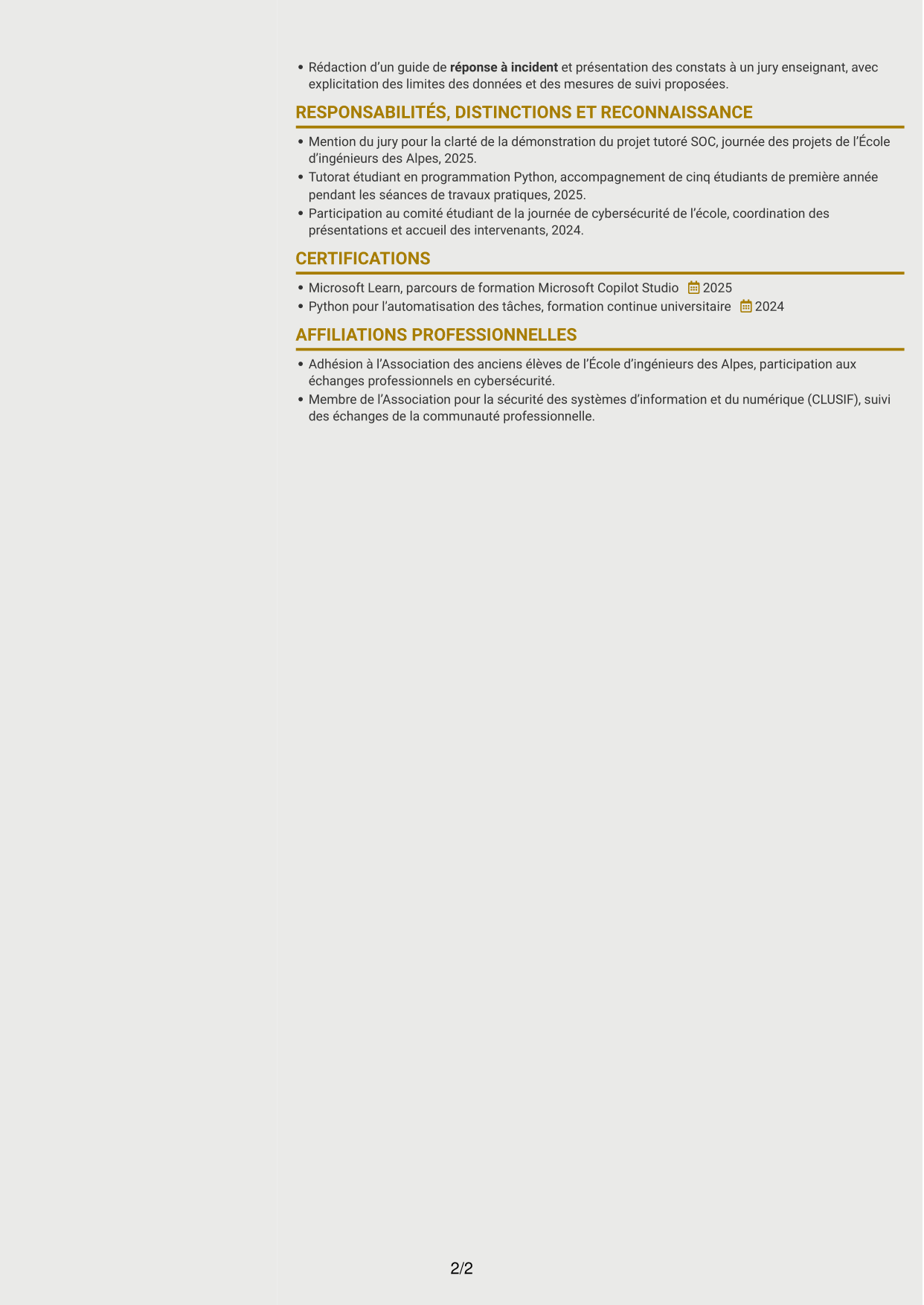 CV Dynamique (format à deux colonnes avec icônes) : Ingénieur IA générative et cybersécurité opérationnelle, page 2