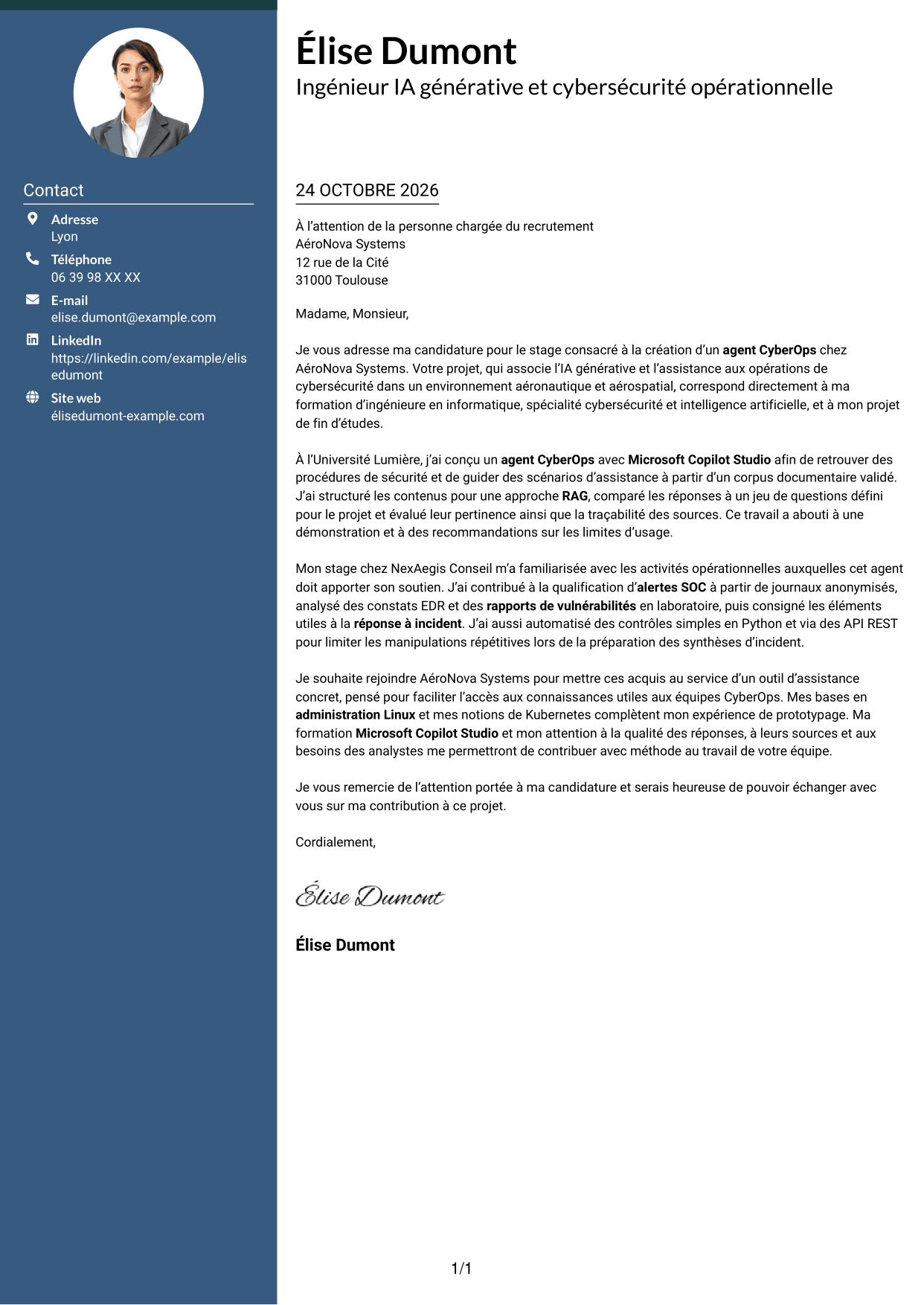 Lettre de motivation Élégant (format à colonne latérale colorée avec photo) : Ingénieur IA générative et cybersécurité opérationnelle, page 1