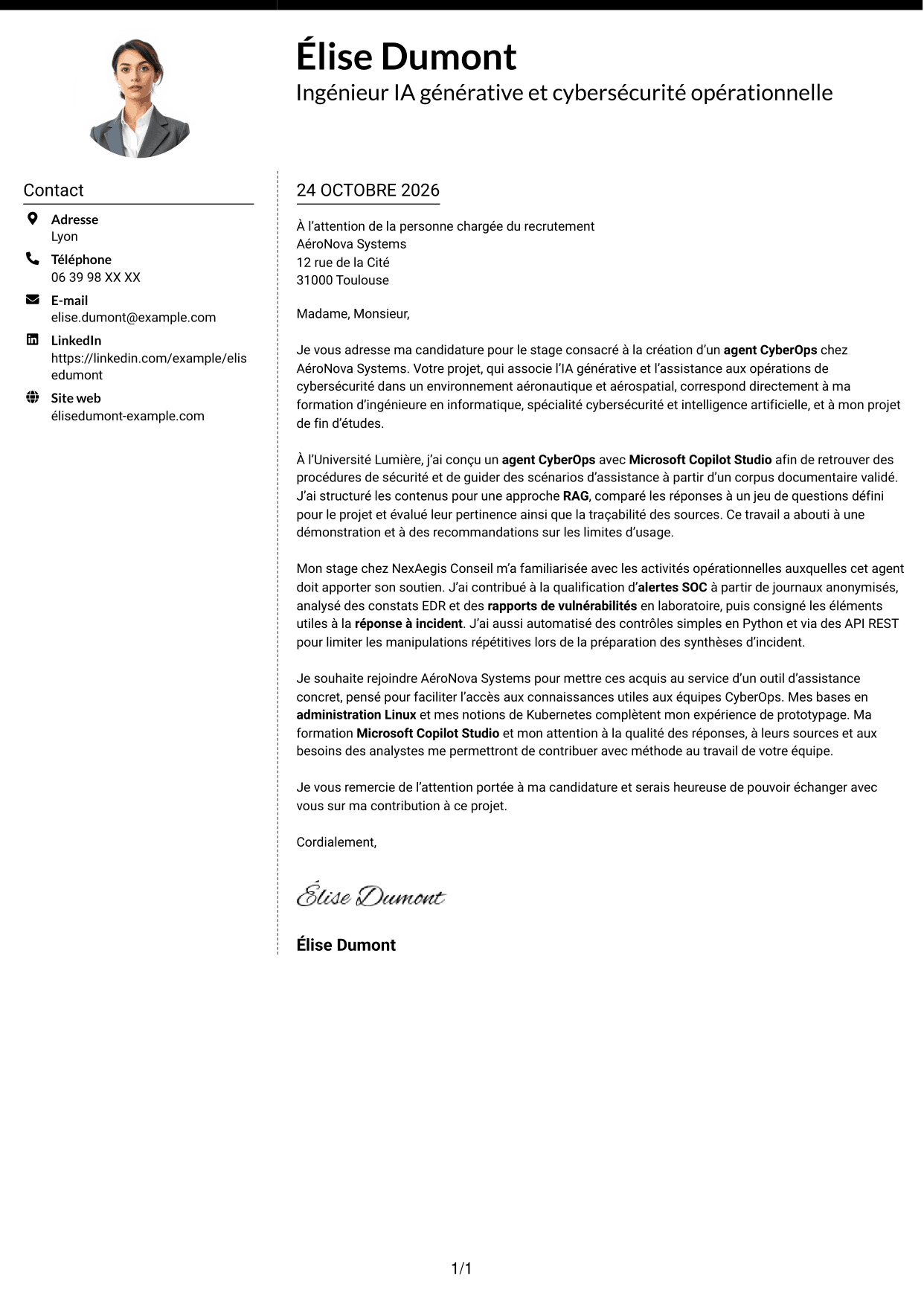 Lettre de motivation Moderne (format à deux colonnes avec photo à gauche et séparateur) : Ingénieur IA générative et cybersécurité opérationnelle, page 1