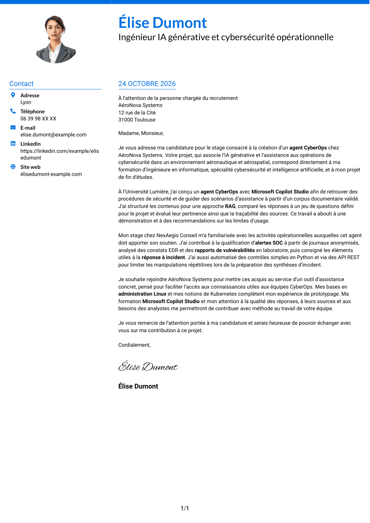 Lettre de motivation Audacieux (format à deux colonnes avec accents colorés et photo) : Ingénieur IA générative et cybersécurité opérationnelle, page 1