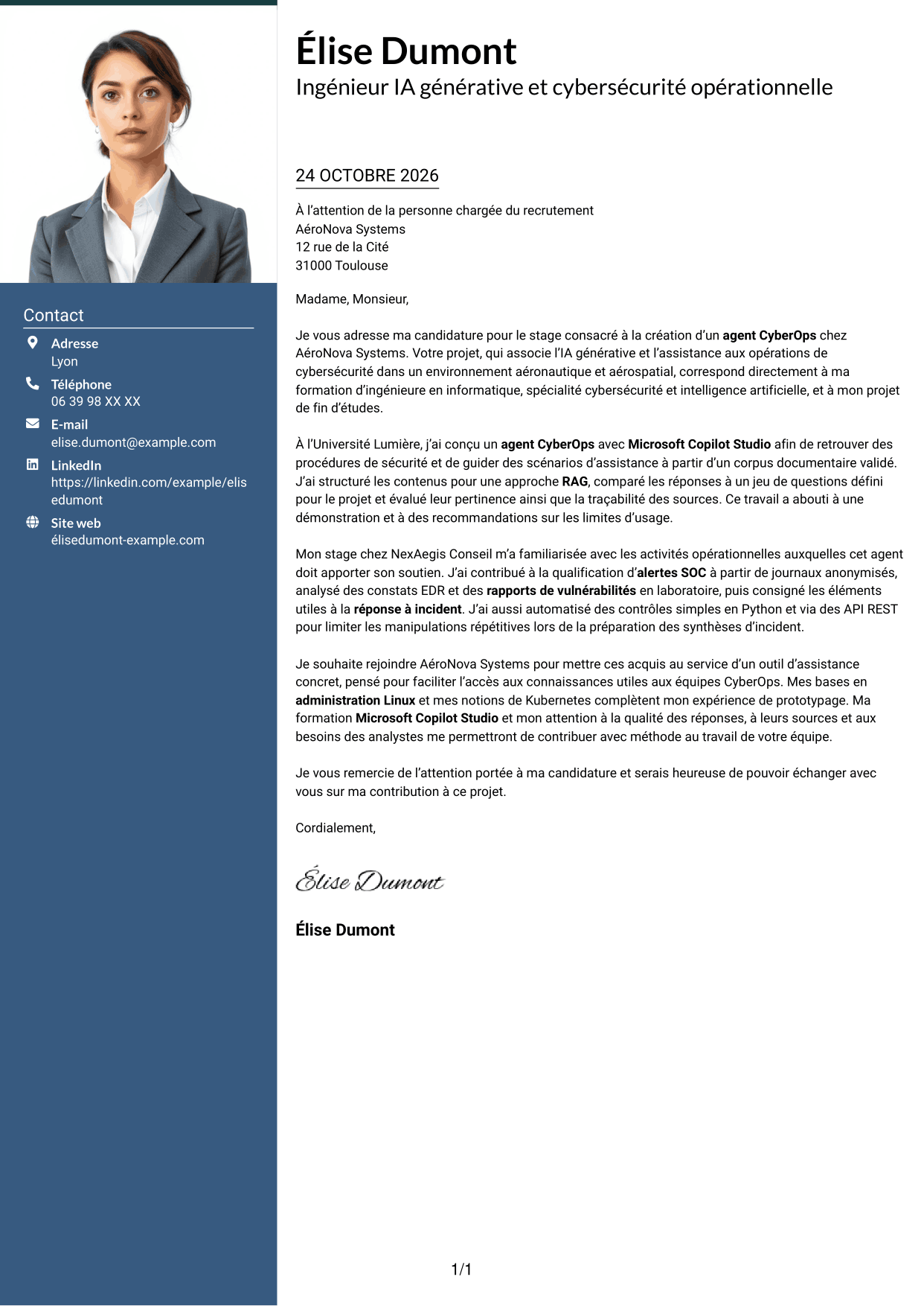 Lettre de motivation Signature (format à colonne latérale colorée avec grande photo) : Ingénieur IA générative et cybersécurité opérationnelle, page 1