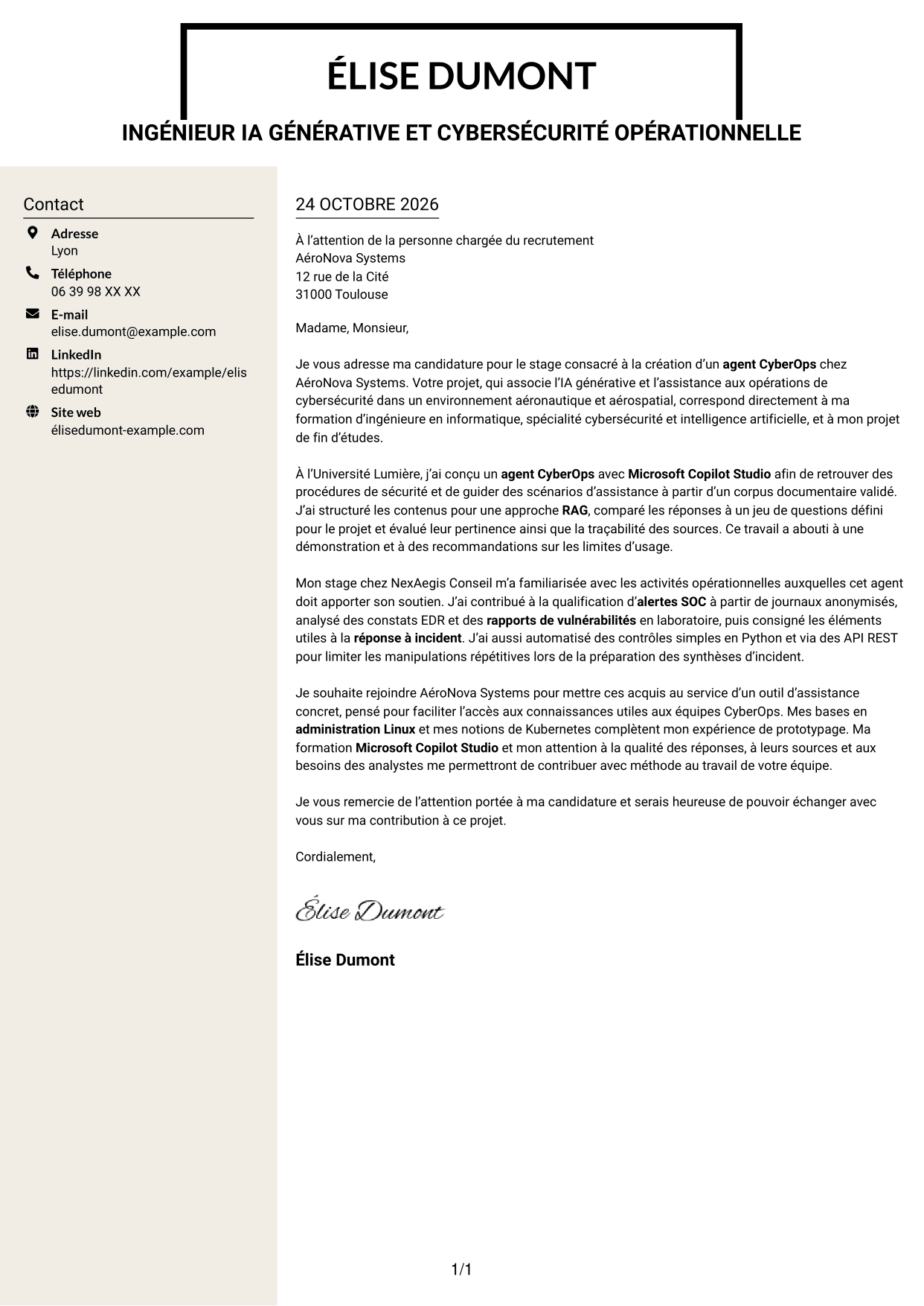 Lettre de motivation Fonceur (format à deux colonnes avec en-tête centré sans photo) : Ingénieur IA générative et cybersécurité opérationnelle, page 1