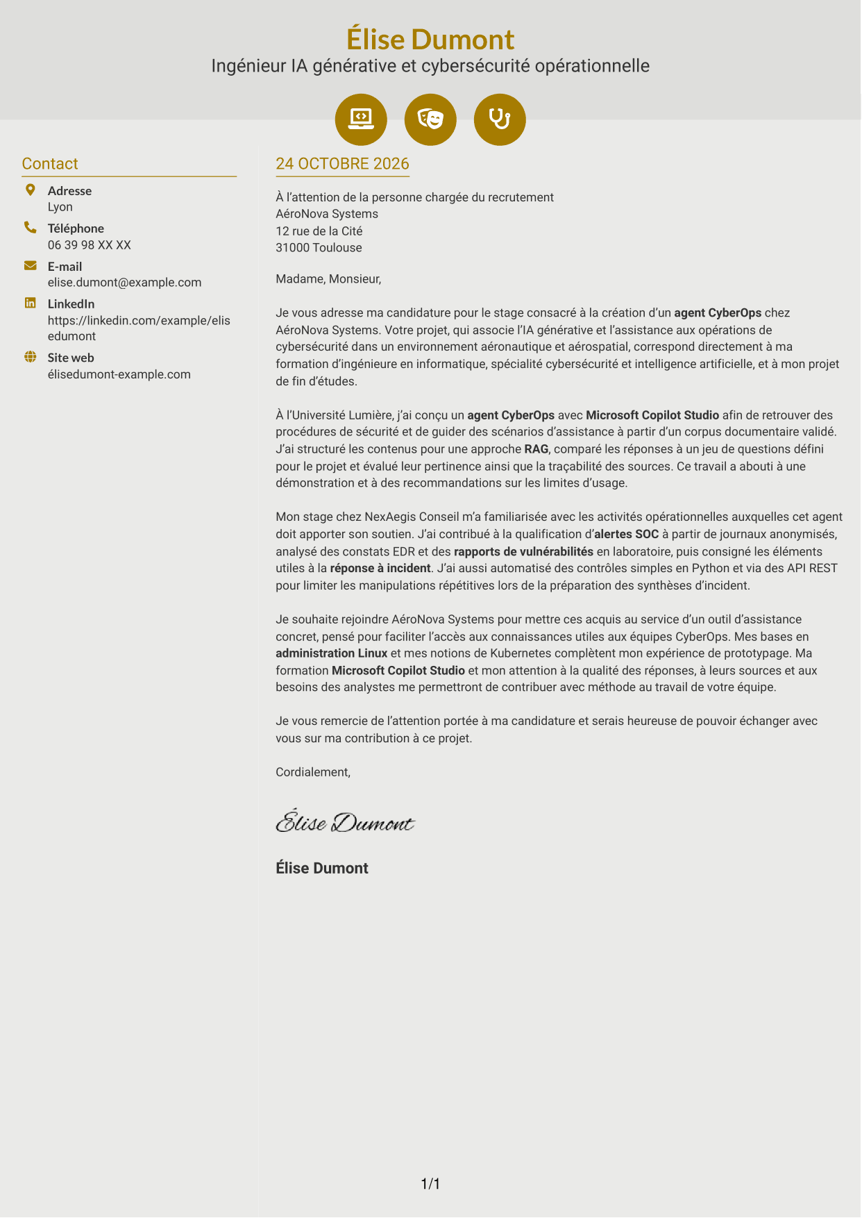 Lettre de motivation Dynamique (format à deux colonnes avec icônes) : Ingénieur IA générative et cybersécurité opérationnelle, page 1