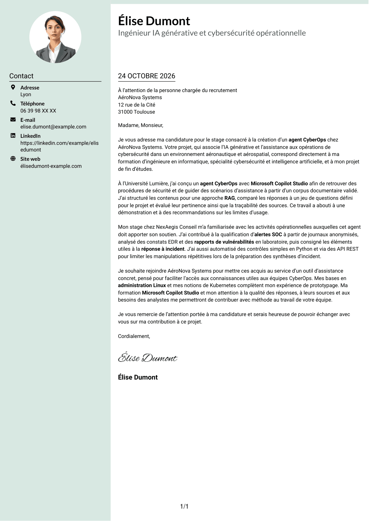 Lettre de motivation Cadre (format à colonne latérale douce avec photo arrondie) : Ingénieur IA générative et cybersécurité opérationnelle, page 1