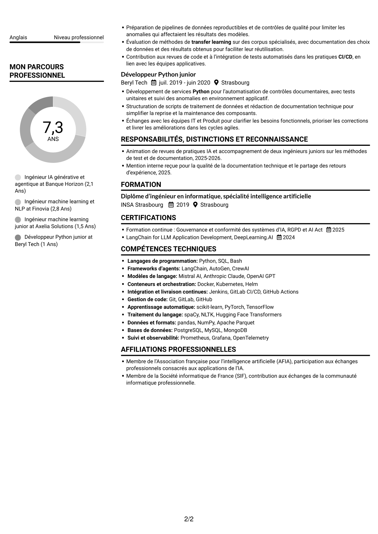 CV Compact (format sobre à deux colonnes avec photo) : Ingénieur IA - IA générative et agentique, page 2