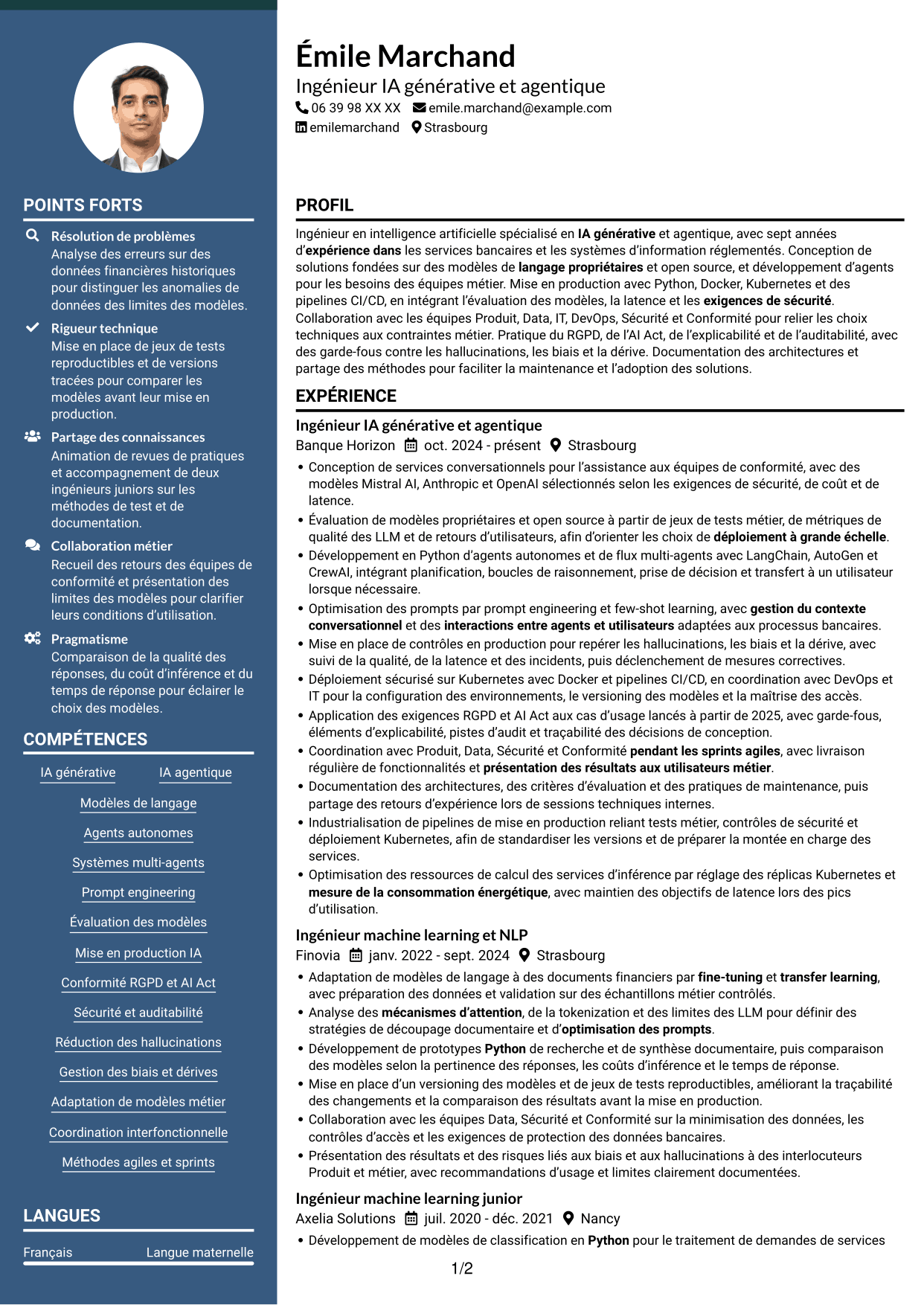 CV Élégant (format à colonne latérale colorée avec photo) : Ingénieur IA - IA générative et agentique, page 1