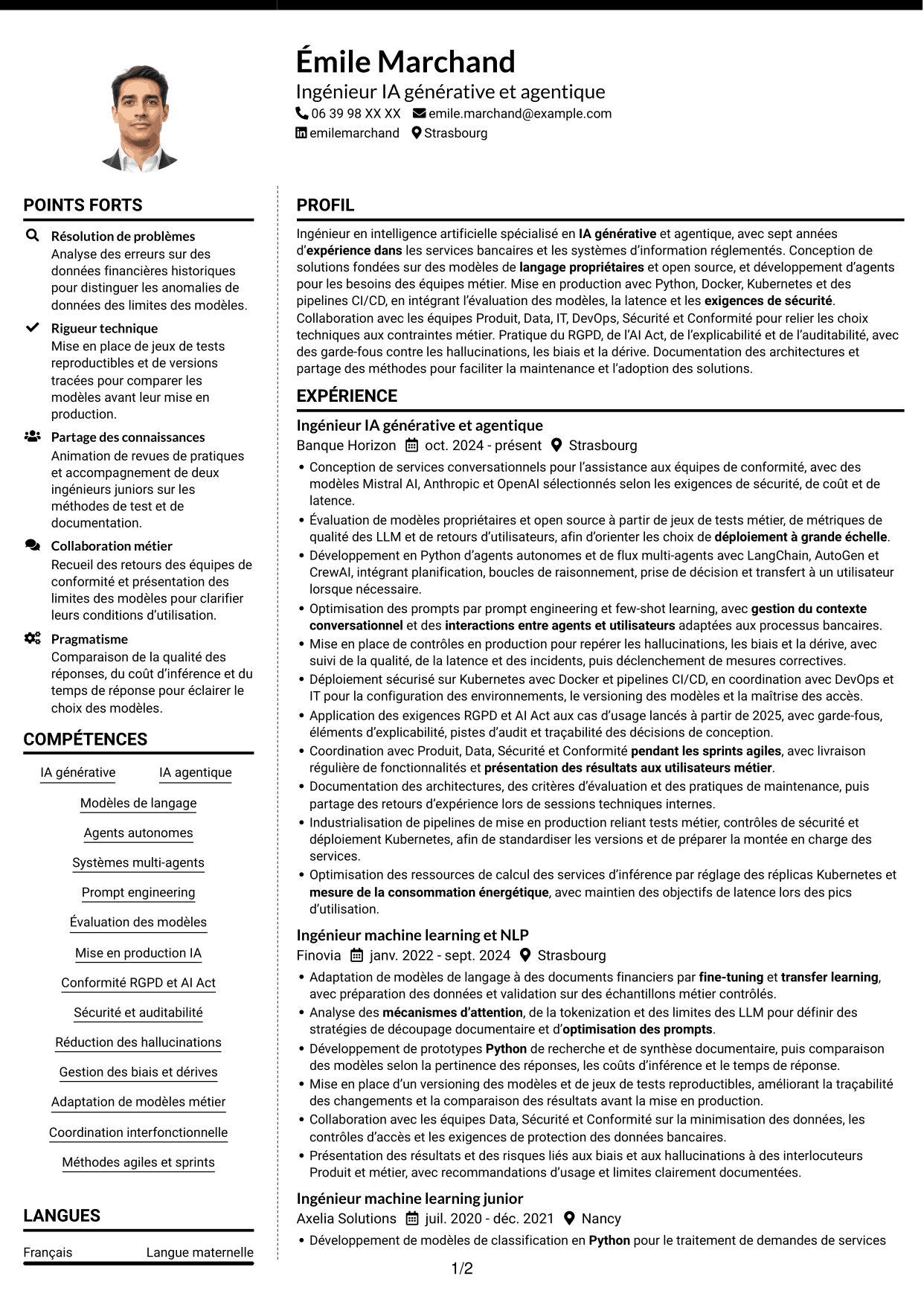 CV Moderne (format à deux colonnes avec photo à gauche et séparateur) : Ingénieur IA - IA générative et agentique, page 1