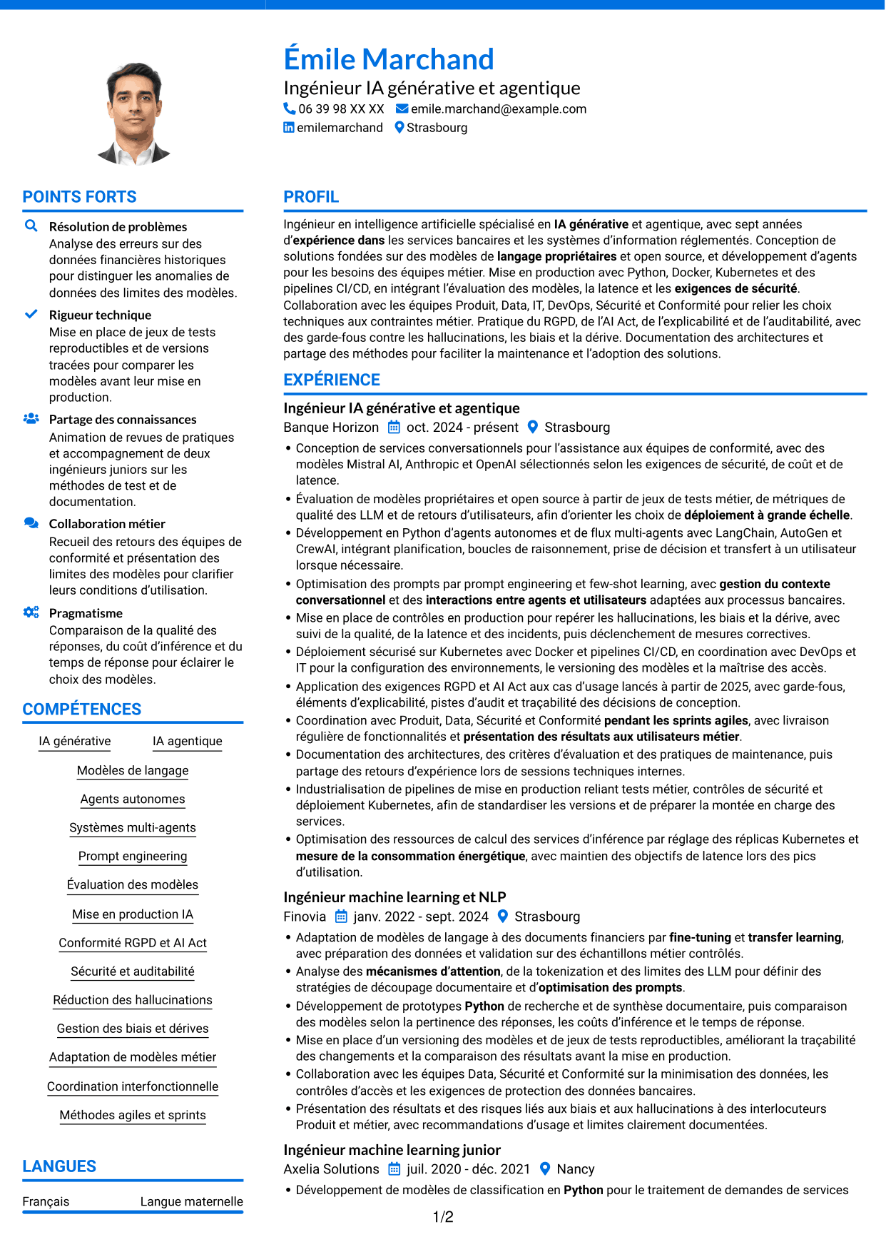 CV Audacieux (format à deux colonnes avec accents colorés et photo) : Ingénieur IA - IA générative et agentique, page 1