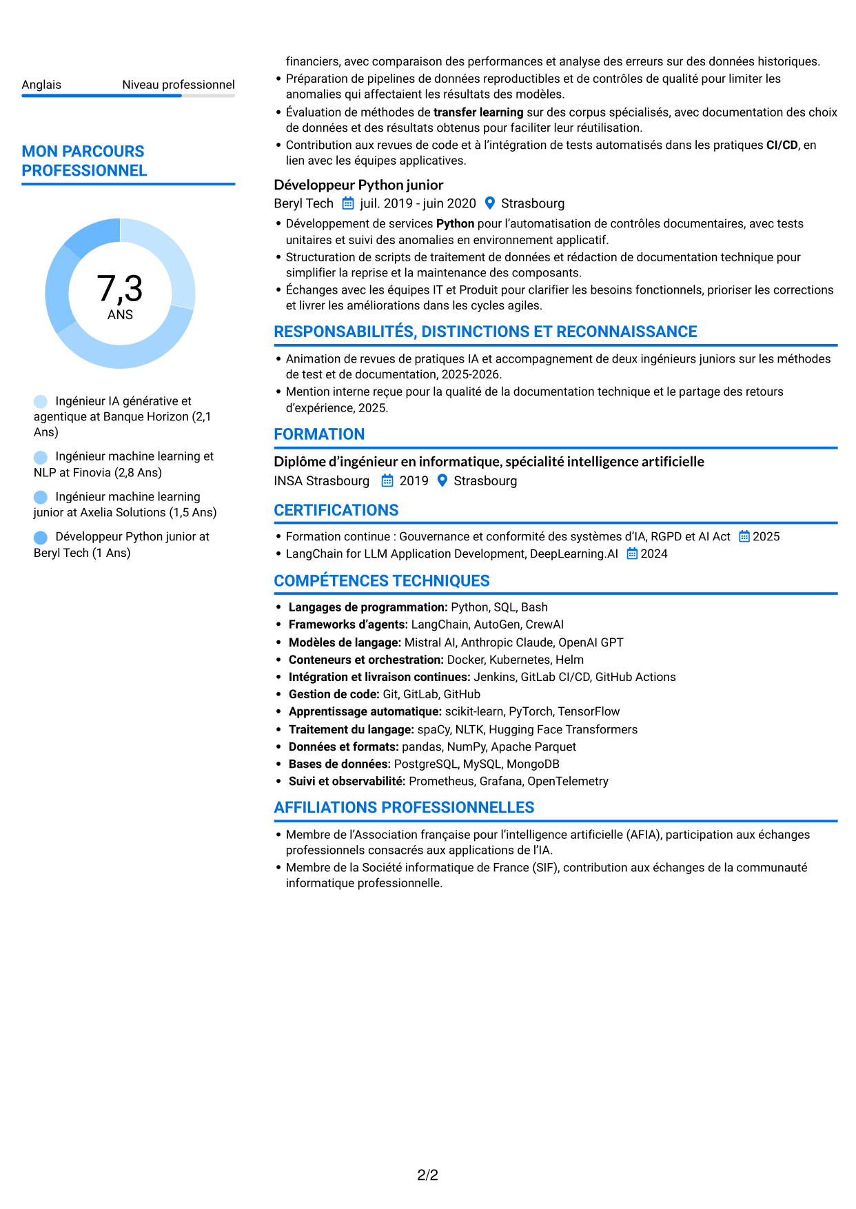 CV Audacieux (format à deux colonnes avec accents colorés et photo) : Ingénieur IA - IA générative et agentique, page 2