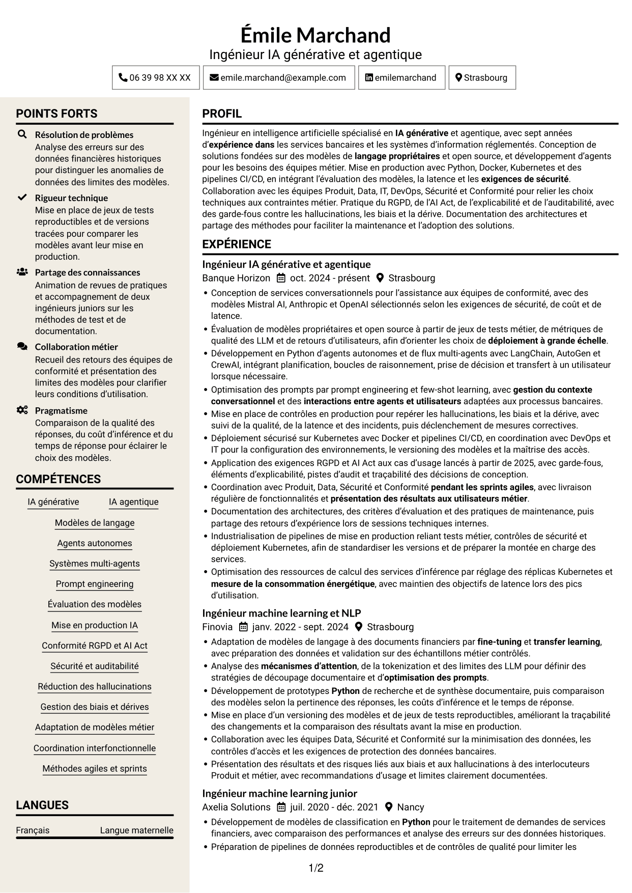 CV Fonceur (format à deux colonnes avec en-tête centré sans photo) : Ingénieur IA - IA générative et agentique, page 1