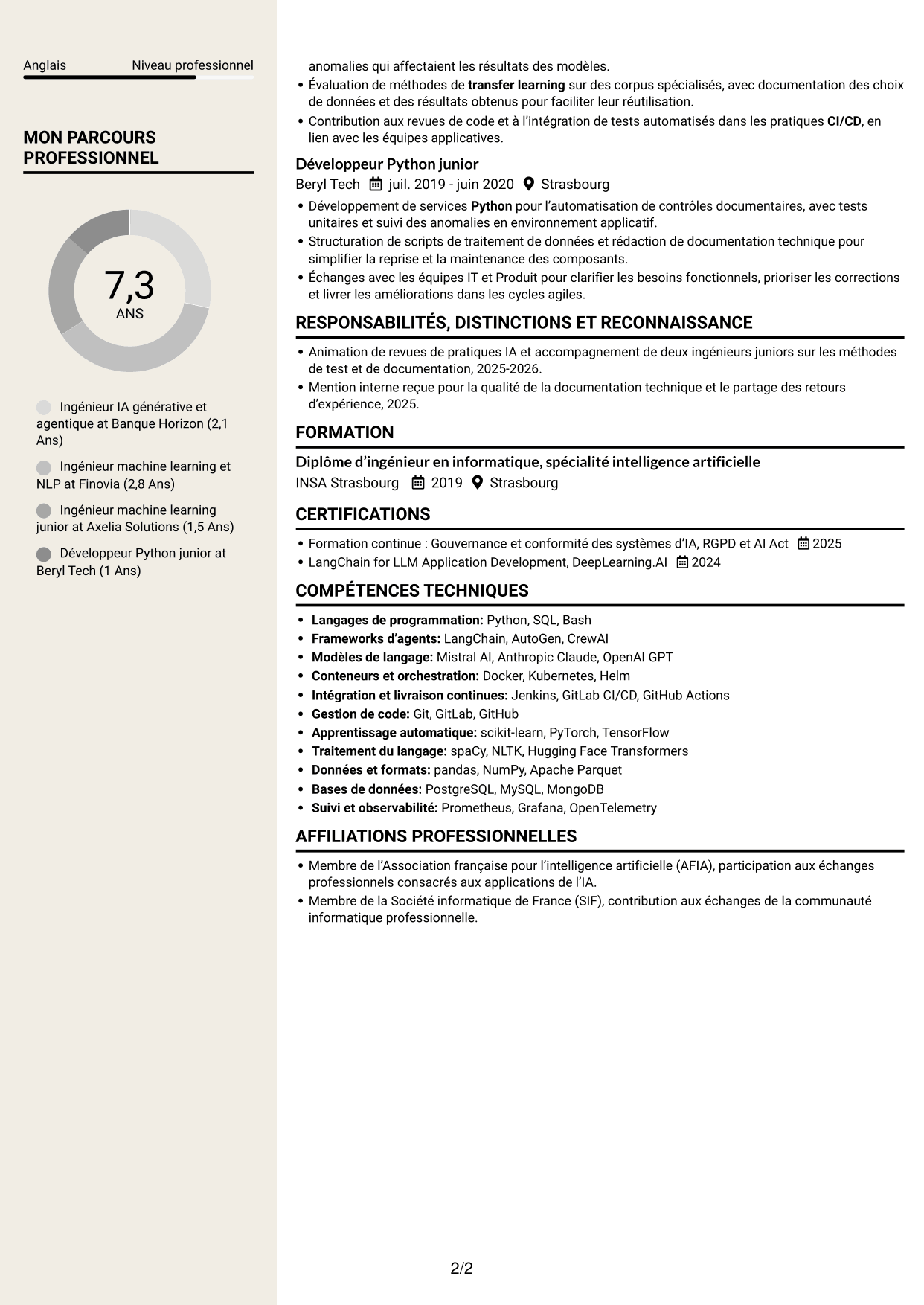 CV Fonceur (format à deux colonnes avec en-tête centré sans photo) : Ingénieur IA - IA générative et agentique, page 2