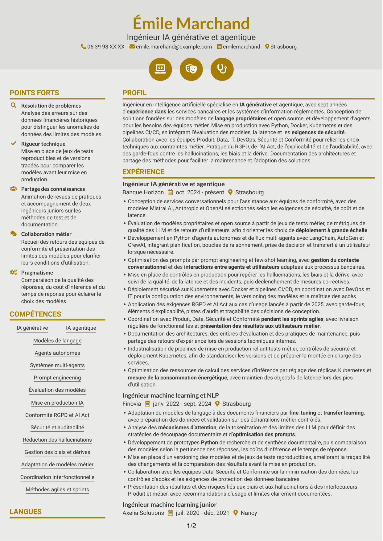 CV Dynamique (format à deux colonnes avec icônes) : Ingénieur IA - IA générative et agentique, page 1