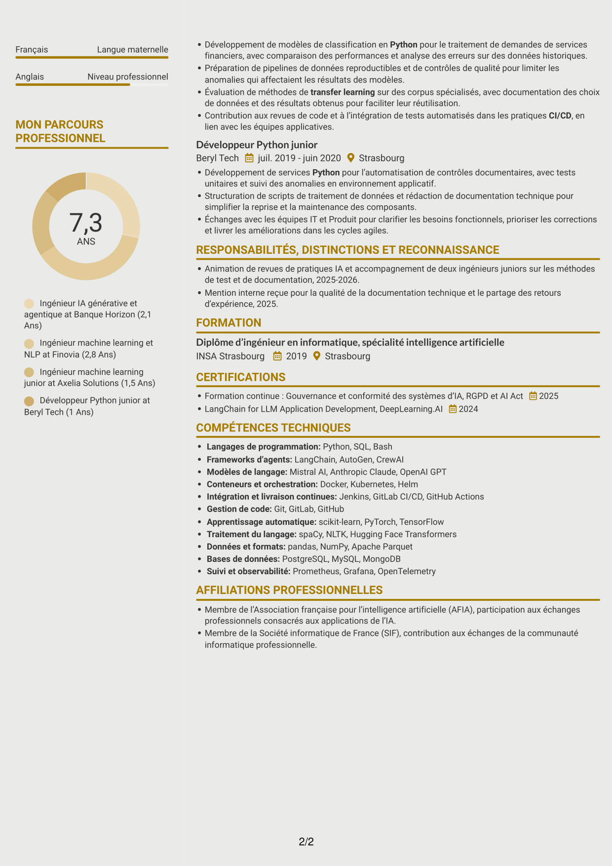 CV Dynamique (format à deux colonnes avec icônes) : Ingénieur IA - IA générative et agentique, page 2