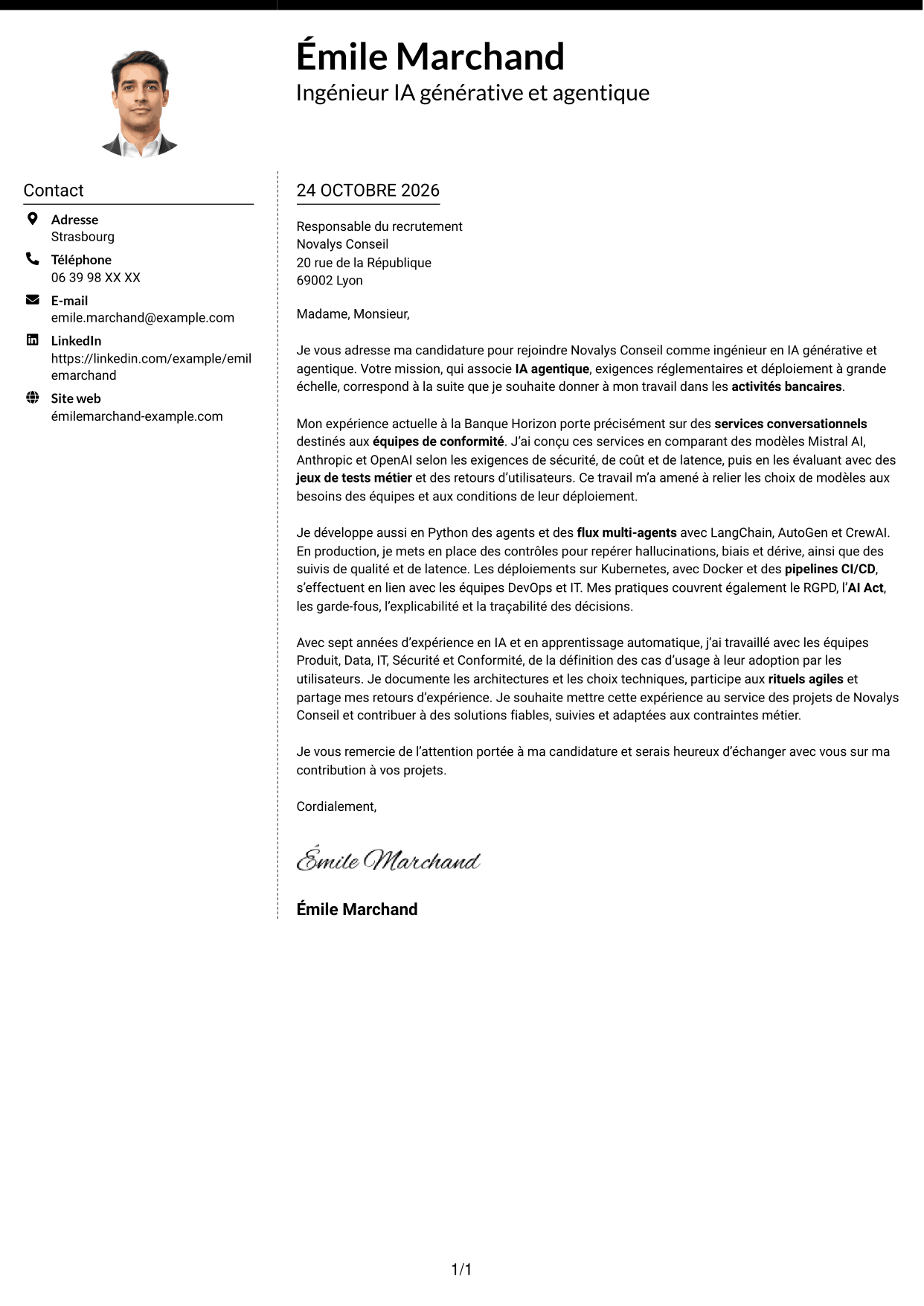 Lettre de motivation Moderne (format à deux colonnes avec photo à gauche et séparateur) : Ingénieur IA - IA générative et agentique, page 1