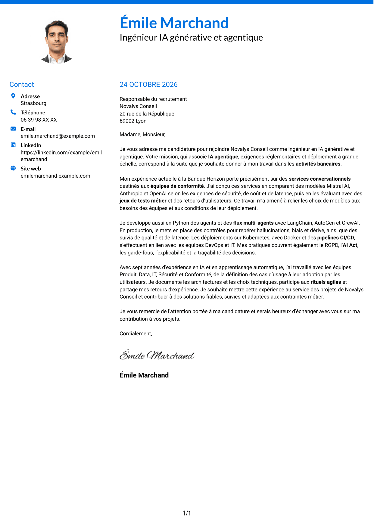 Lettre de motivation Audacieux (format à deux colonnes avec accents colorés et photo) : Ingénieur IA - IA générative et agentique, page 1