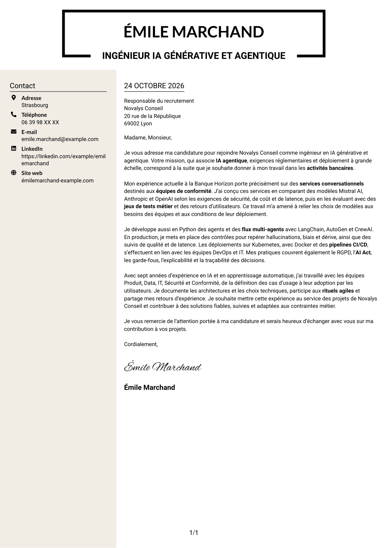 Lettre de motivation Fonceur (format à deux colonnes avec en-tête centré sans photo) : Ingénieur IA - IA générative et agentique, page 1