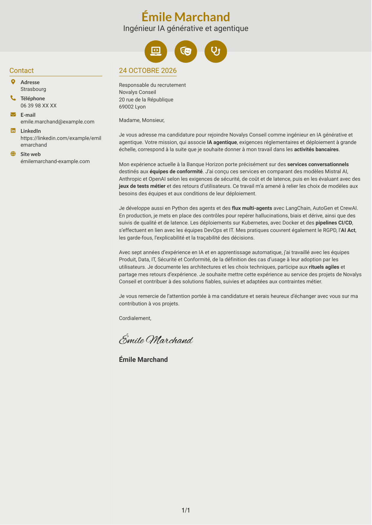 Lettre de motivation Dynamique (format à deux colonnes avec icônes) : Ingénieur IA - IA générative et agentique, page 1