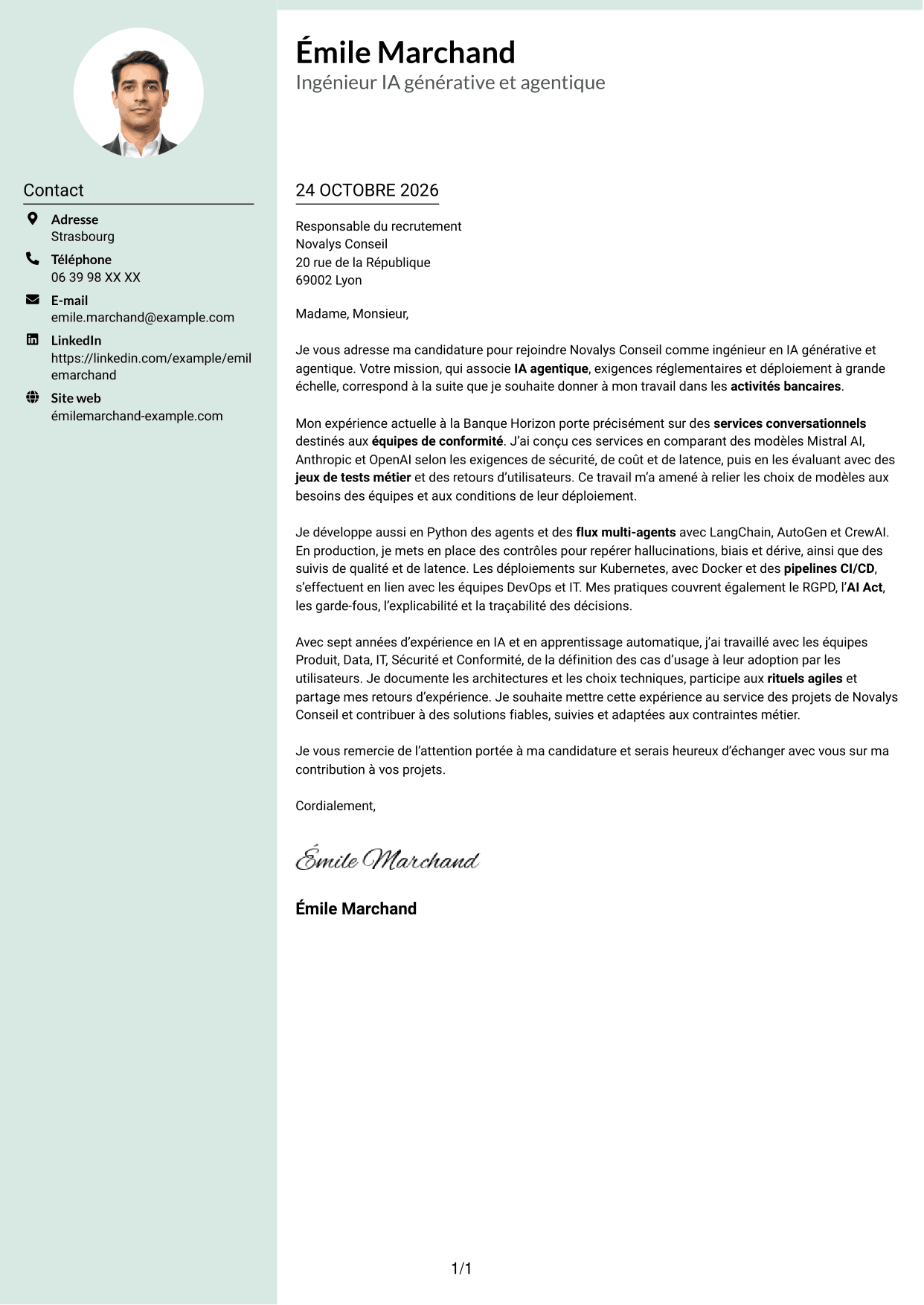 Lettre de motivation Cadre (format à colonne latérale douce avec photo arrondie) : Ingénieur IA - IA générative et agentique, page 1