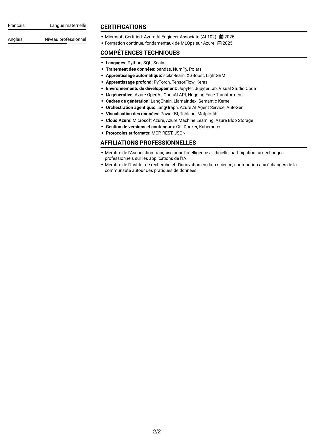 CV Compact (format sobre à deux colonnes avec photo) : Ingénieur IA - IA générative et systèmes agentiques, page 2
