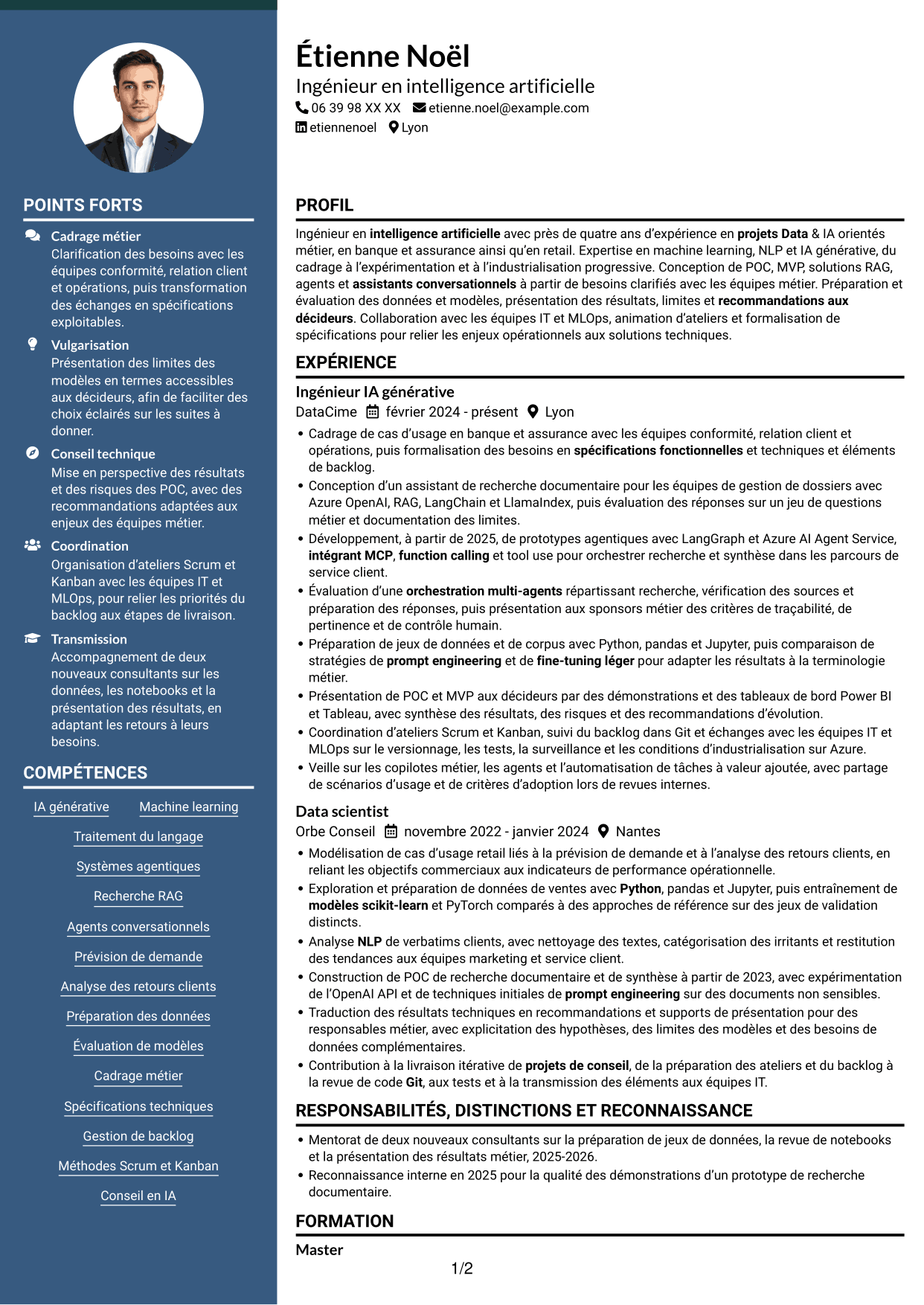 CV Élégant (format à colonne latérale colorée avec photo) : Ingénieur IA - IA générative et systèmes agentiques, page 1
