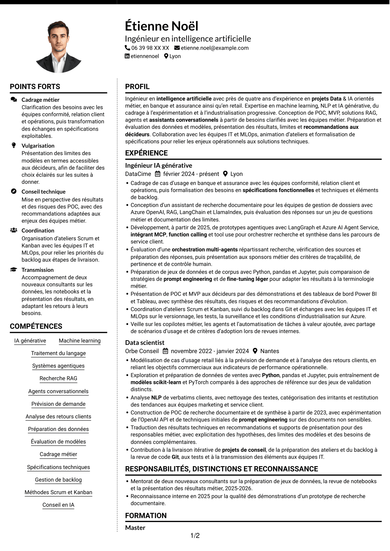 CV Moderne (format à deux colonnes avec photo à gauche et séparateur) : Ingénieur IA - IA générative et systèmes agentiques, page 1