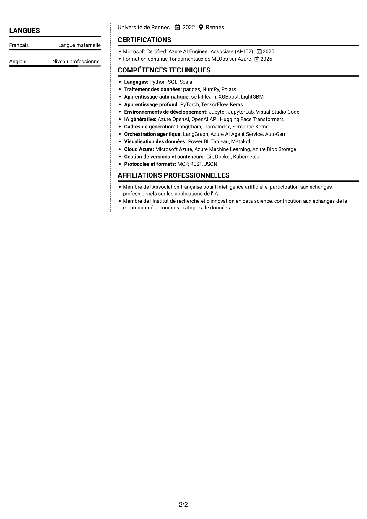 CV Moderne (format à deux colonnes avec photo à gauche et séparateur) : Ingénieur IA - IA générative et systèmes agentiques, page 2