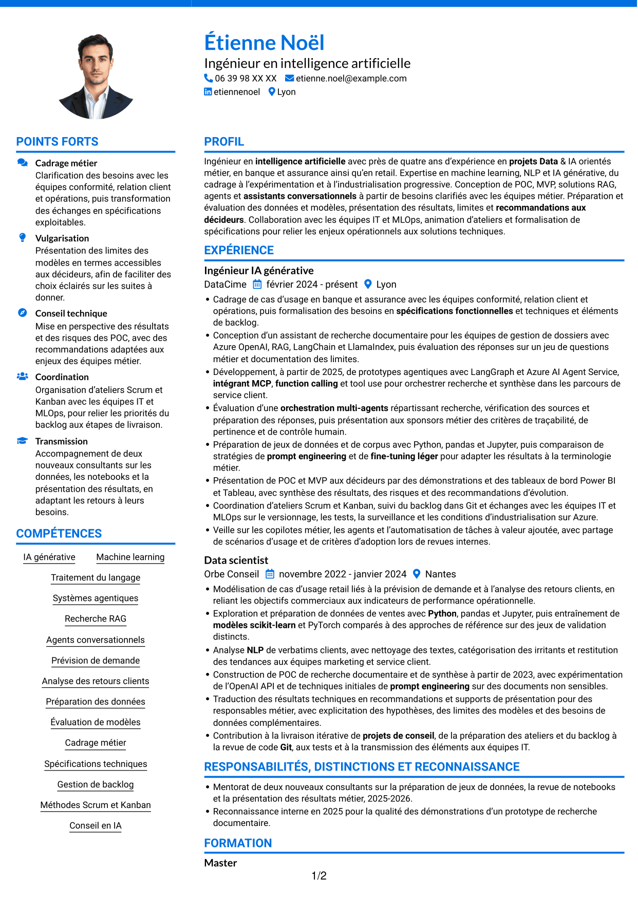 CV Audacieux (format à deux colonnes avec accents colorés et photo) : Ingénieur IA - IA générative et systèmes agentiques, page 1