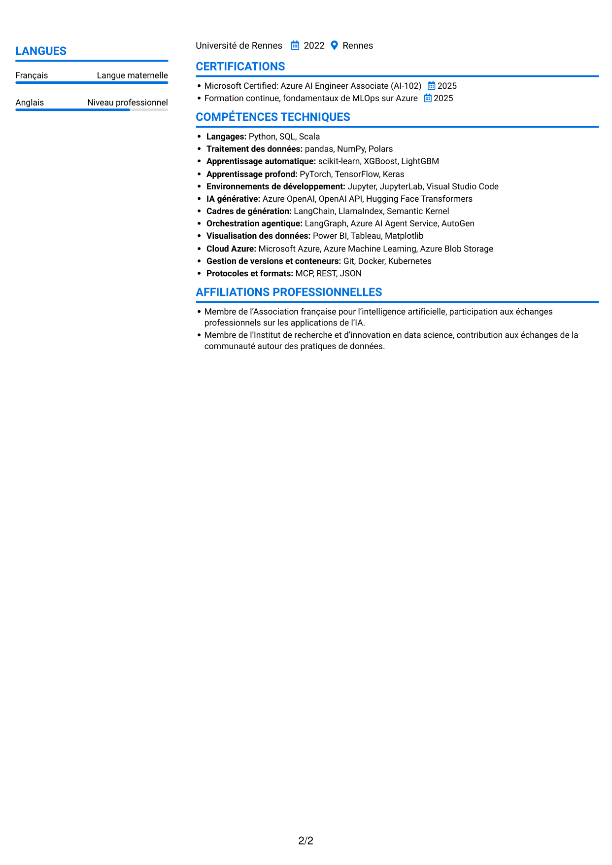 CV Audacieux (format à deux colonnes avec accents colorés et photo) : Ingénieur IA - IA générative et systèmes agentiques, page 2