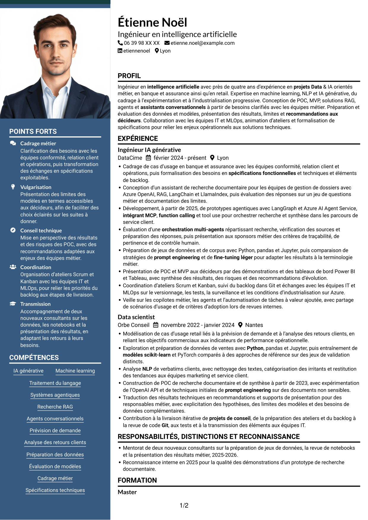 CV Signature (format à colonne latérale colorée avec grande photo) : Ingénieur IA - IA générative et systèmes agentiques, page 1