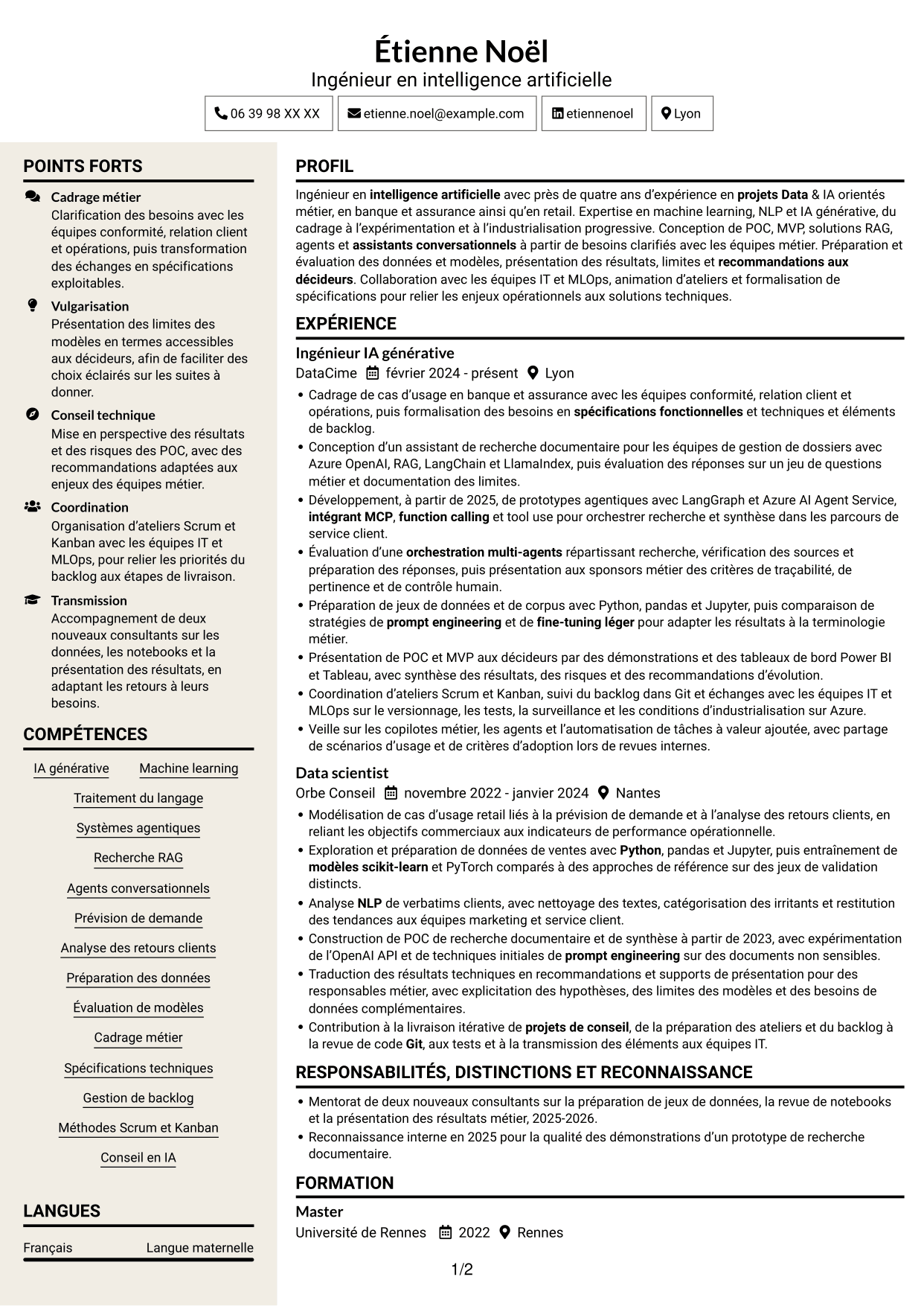 CV Fonceur (format à deux colonnes avec en-tête centré sans photo) : Ingénieur IA - IA générative et systèmes agentiques, page 1