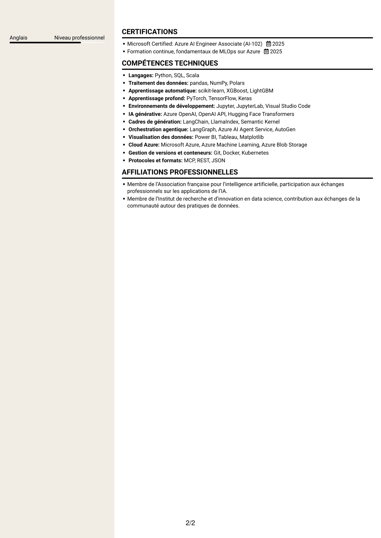 CV Fonceur (format à deux colonnes avec en-tête centré sans photo) : Ingénieur IA - IA générative et systèmes agentiques, page 2