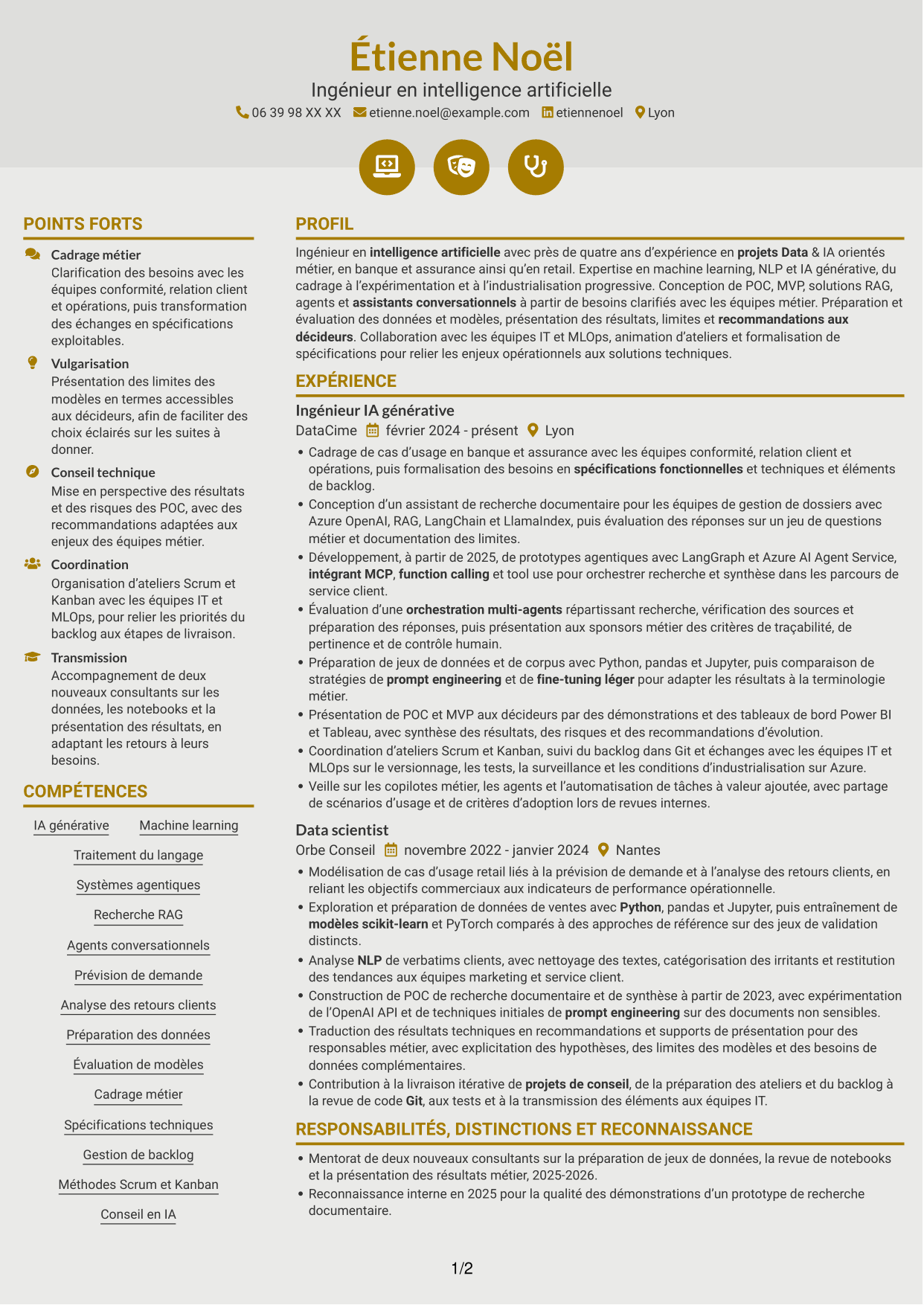 CV Dynamique (format à deux colonnes avec icônes) : Ingénieur IA - IA générative et systèmes agentiques, page 1