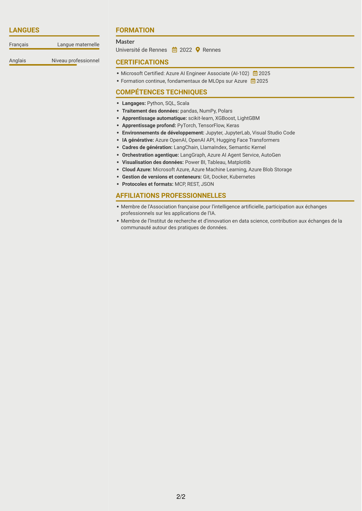CV Dynamique (format à deux colonnes avec icônes) : Ingénieur IA - IA générative et systèmes agentiques, page 2