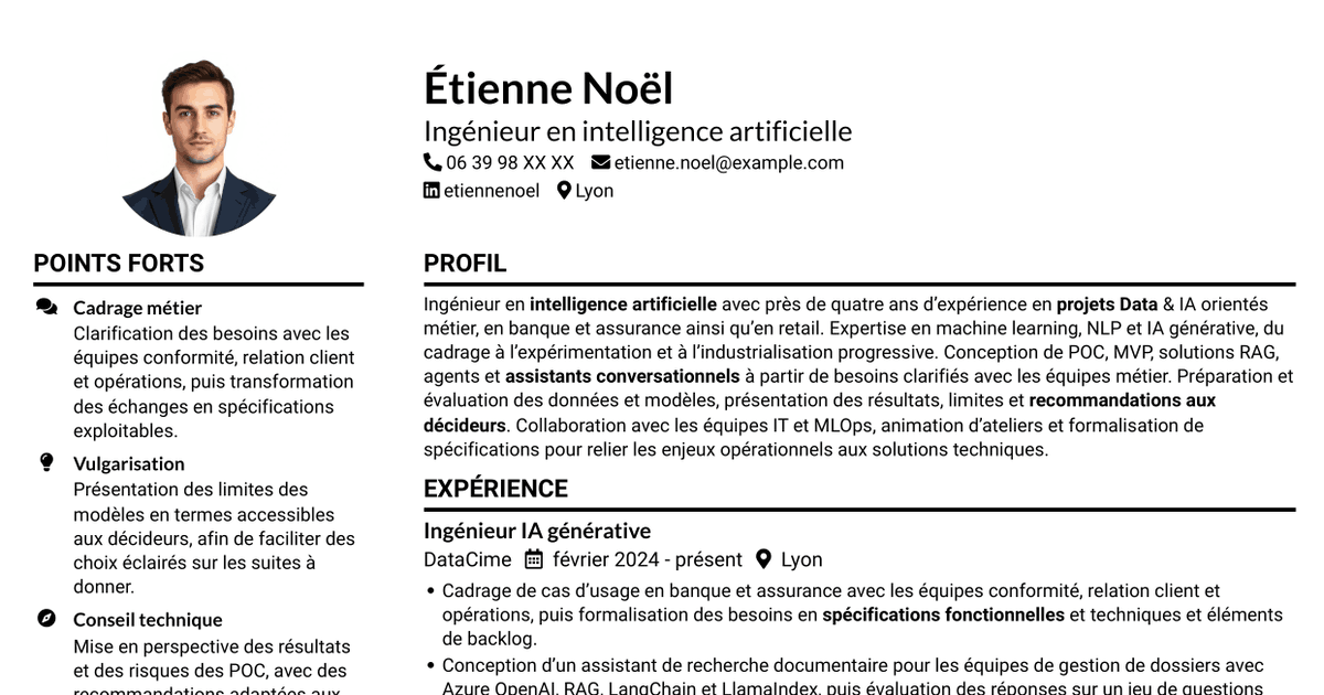 7 modèles de CV pour Ingénieur IA - IA générative et systèmes agentiques, avec exemples