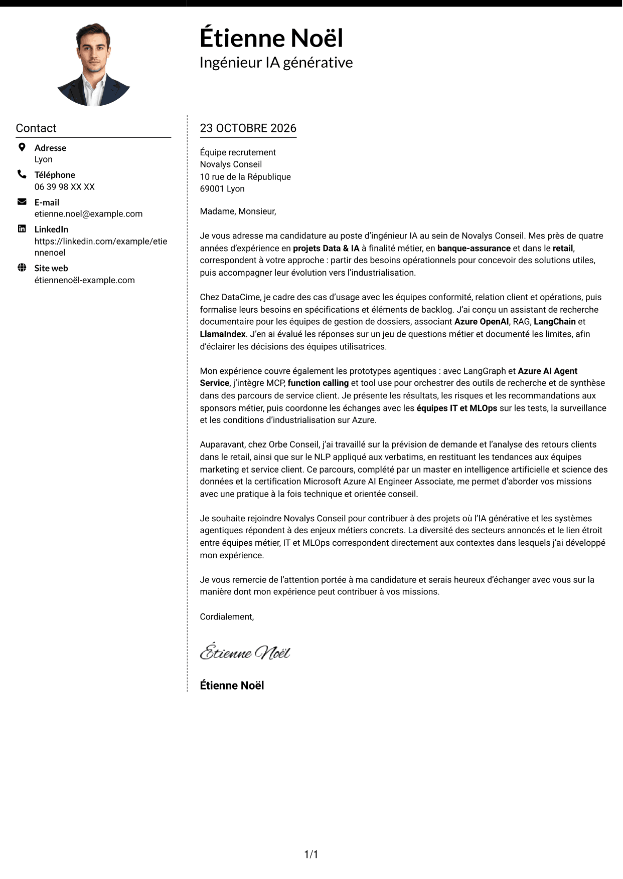Lettre de motivation Moderne (format à deux colonnes avec photo à gauche et séparateur) : Ingénieur IA - IA générative et systèmes agentiques, page 1