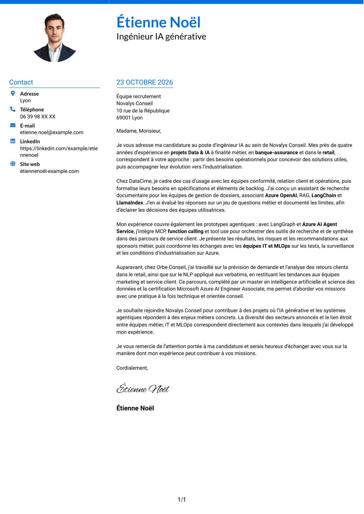 Lettre de motivation Audacieux (format à deux colonnes avec accents colorés et photo) : Ingénieur IA - IA générative et systèmes agentiques, page 1