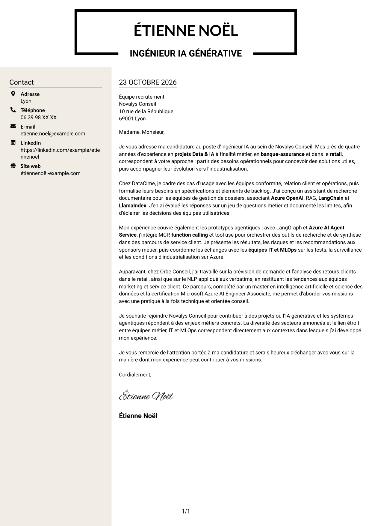 Lettre de motivation Fonceur (format à deux colonnes avec en-tête centré sans photo) : Ingénieur IA - IA générative et systèmes agentiques, page 1