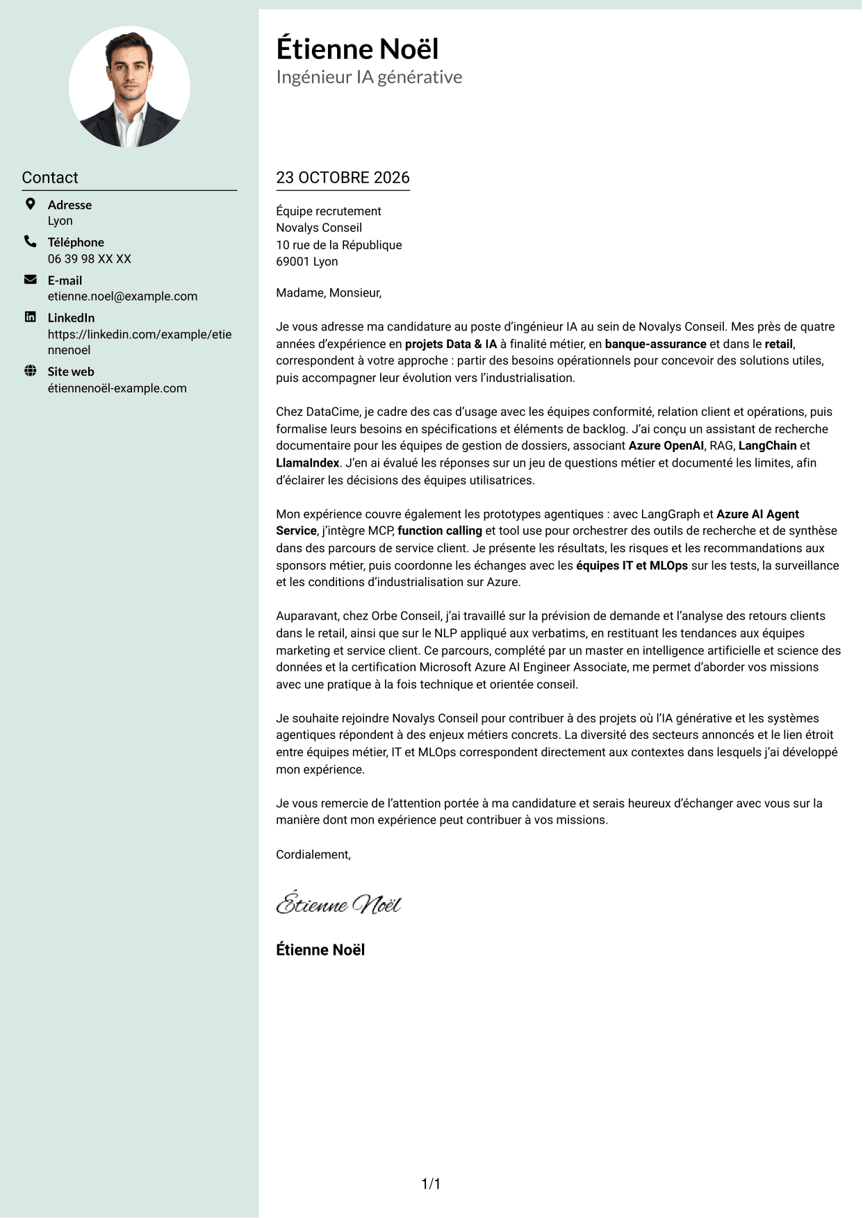 Lettre de motivation Cadre (format à colonne latérale douce avec photo arrondie) : Ingénieur IA - IA générative et systèmes agentiques, page 1