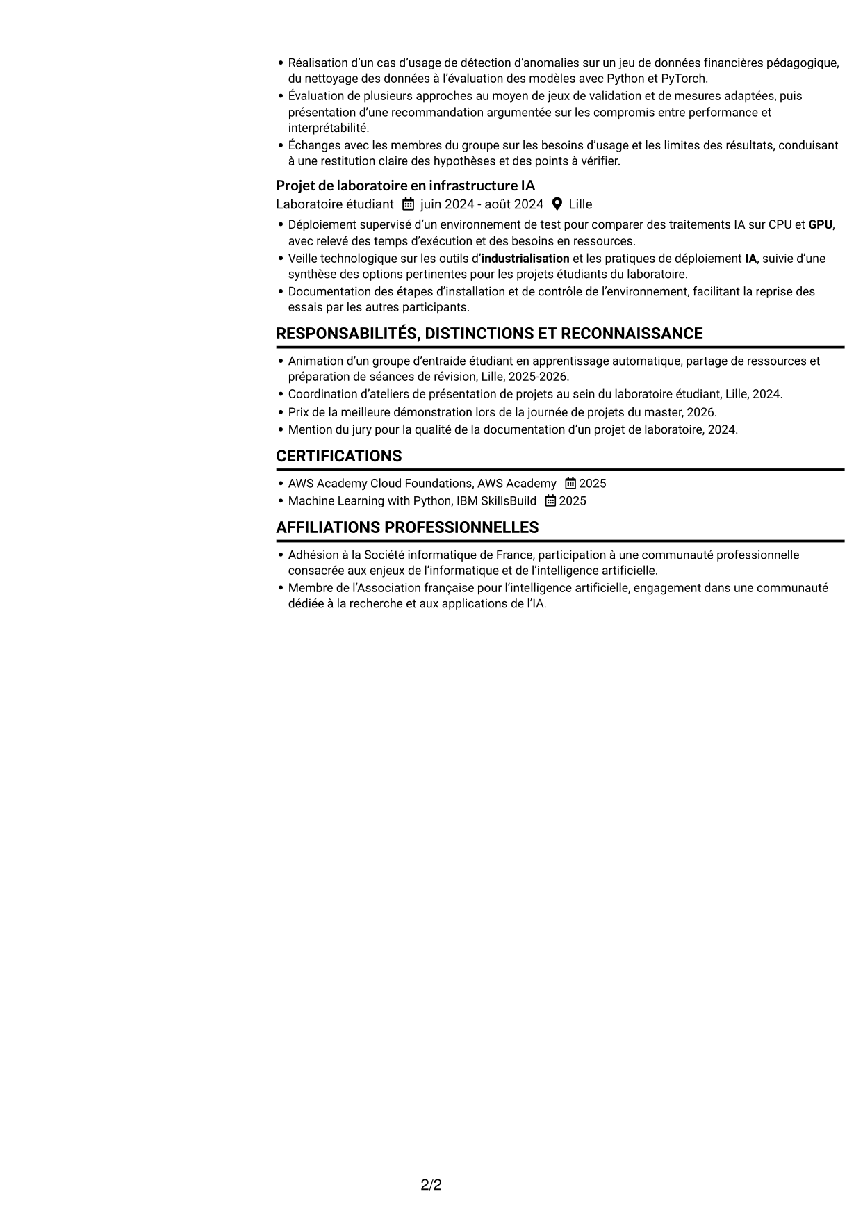 CV Compact (format sobre à deux colonnes avec photo) : Ingénieur IA junior - Industrialisation de l’IA, page 2