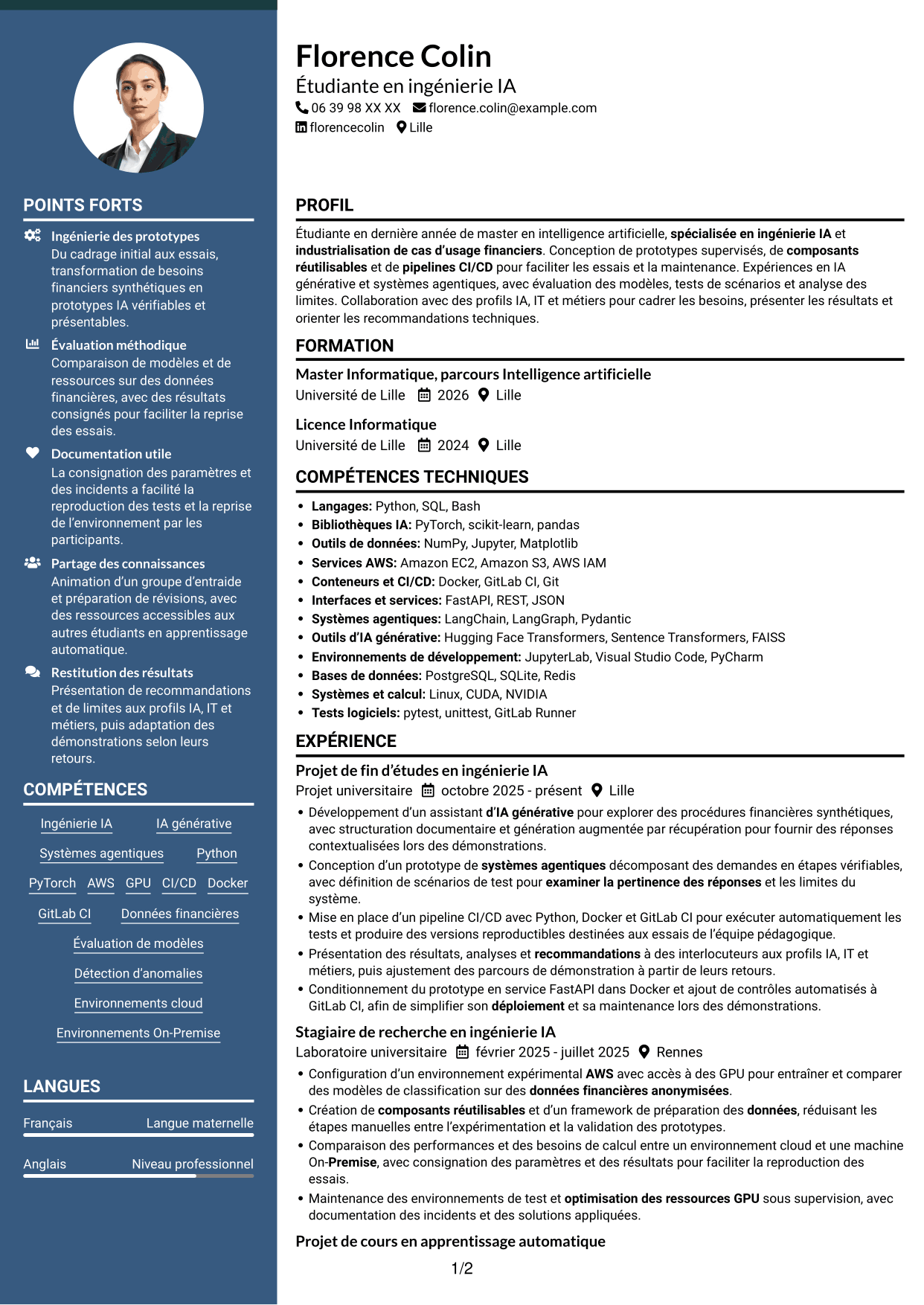 CV Élégant (format à colonne latérale colorée avec photo) : Ingénieur IA junior - Industrialisation de l’IA, page 1